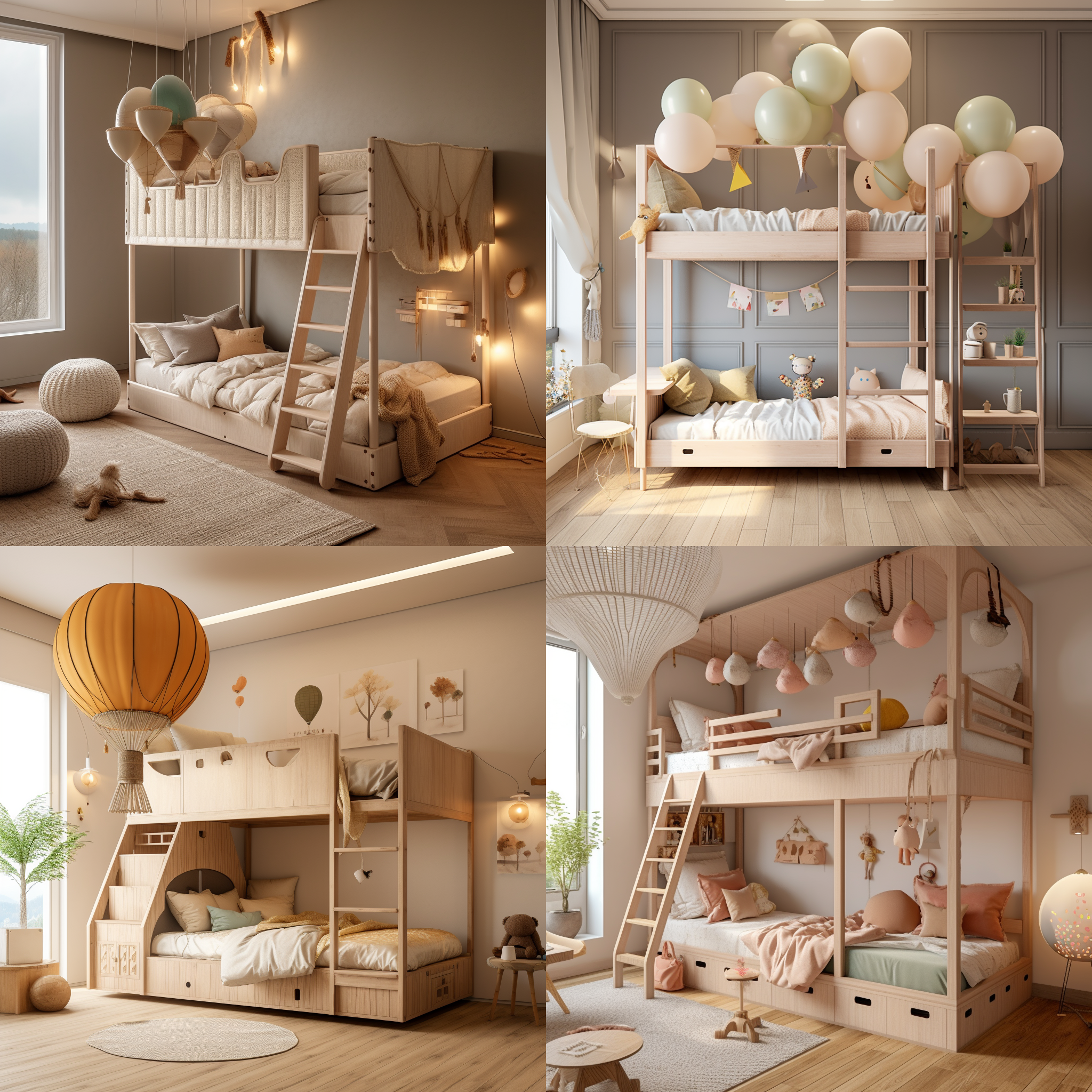 儿童双层床，原木纹理，北欧风格，气球元素，简约