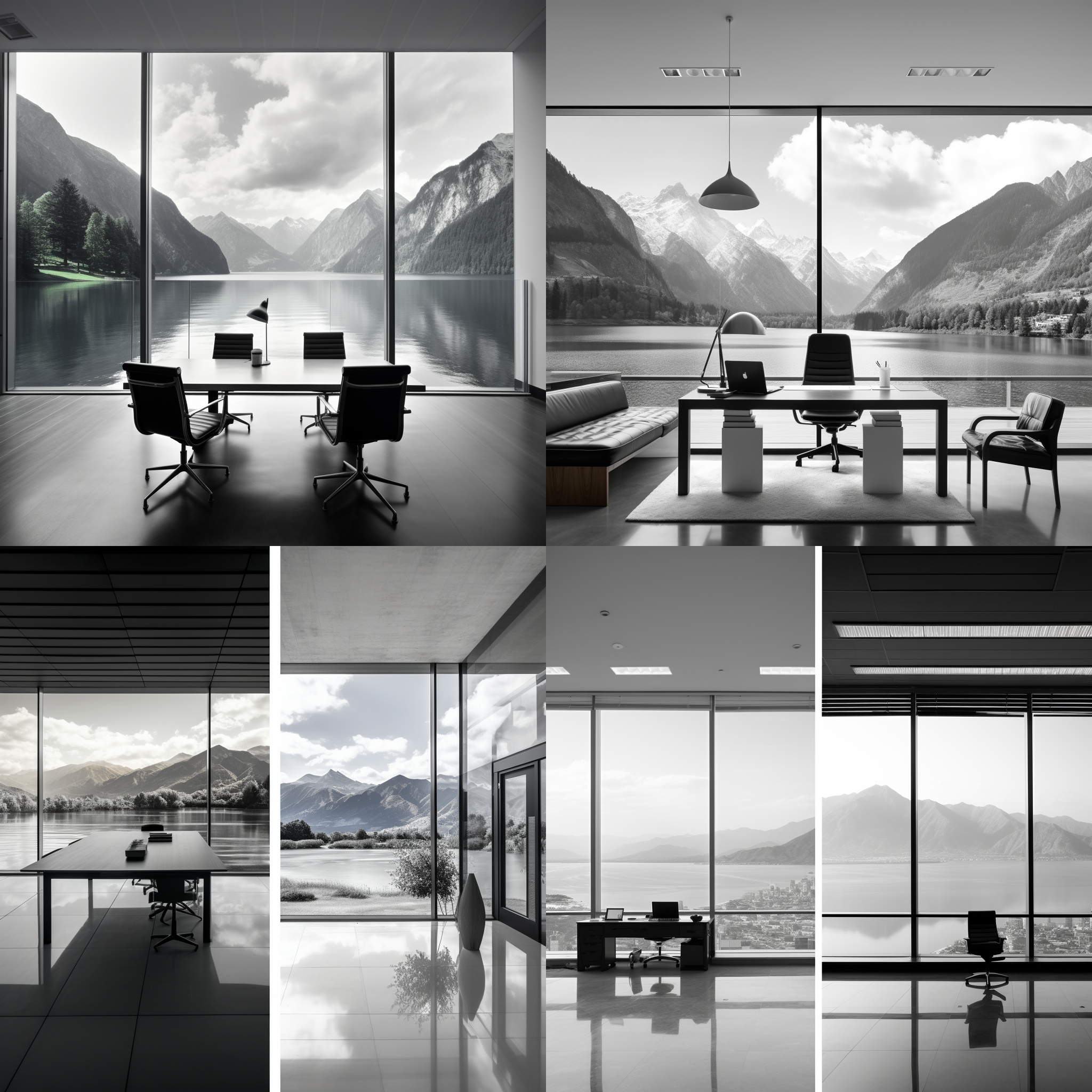 贪安稳，舍自由。一张黑白照片，画面分割成两部分。左边是一个现代办公室，明亮整洁；右边是一片广阔的自然风景，包括山脉和湖泊。中间是一道高墙，象征着贪安稳的选择。广角镜头捕捉到了整个场景，给人一种开放和束缚并存的感觉。黑白色调，高对比度，冷色调，静态，思考，矛盾。