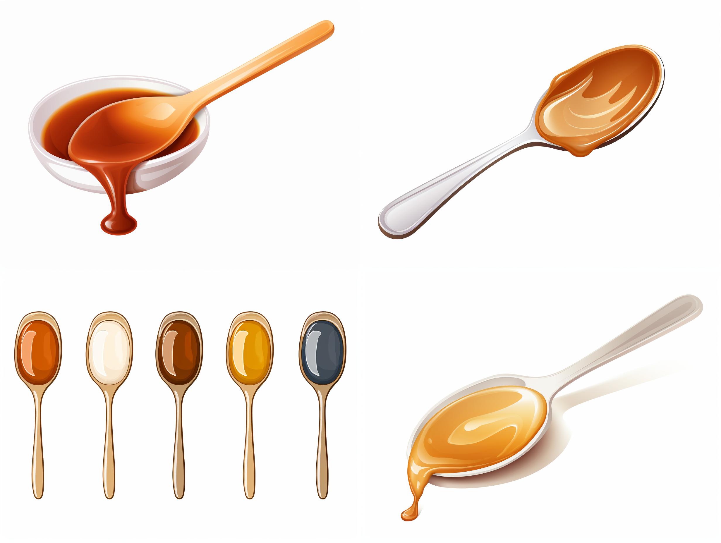 勺子里流着酱汁，矢量图形，配色简单，白色背景，等构。