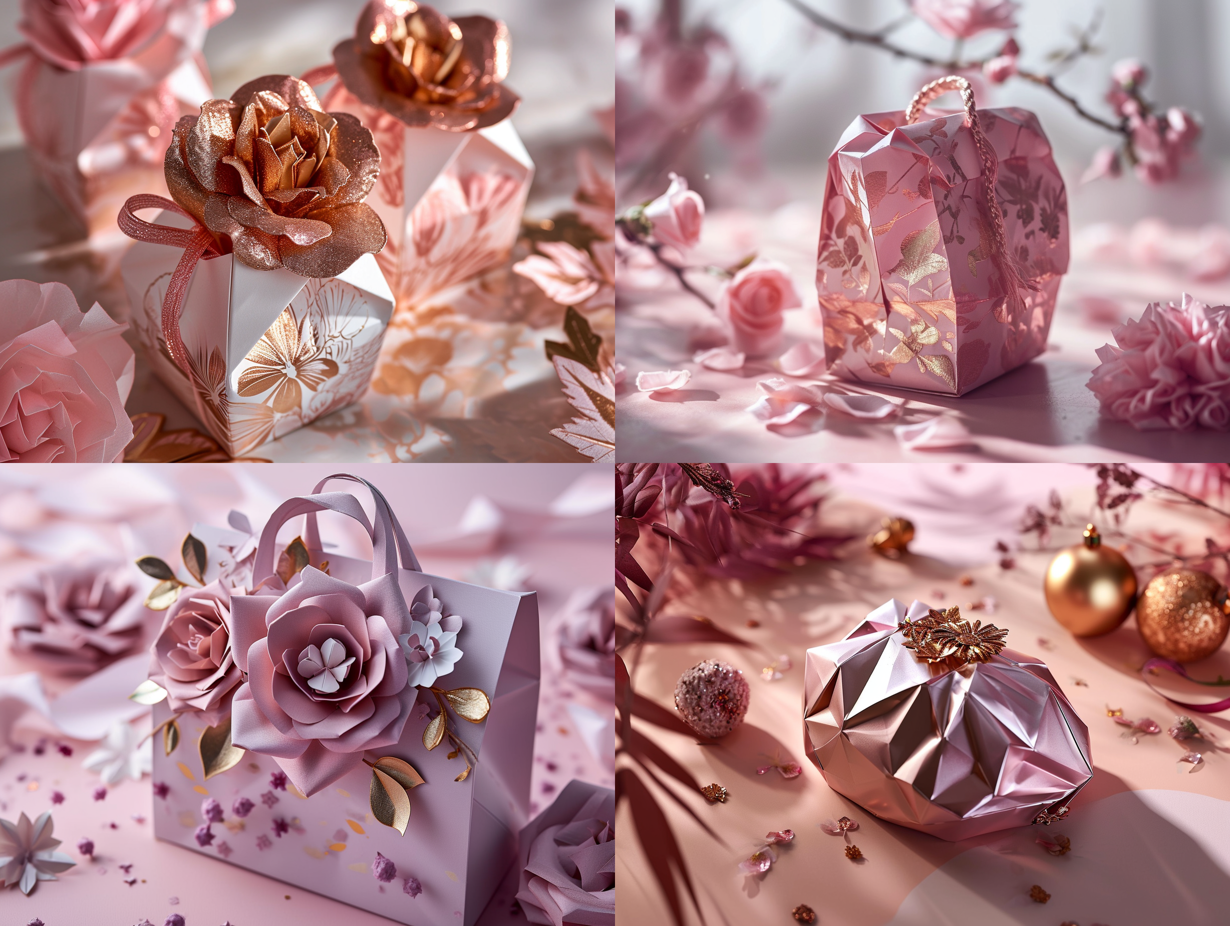 造型独特的糕点包装袋，大胆想象，浪漫风格，玫瑰花元素，瓦楞纸材质，高细节，产品摄影，影棚光照，喜庆礼氛围，空中花园，玫瑰金，粉色。 粉白 紫罗兰 金银 纸雕 塑料 折纸