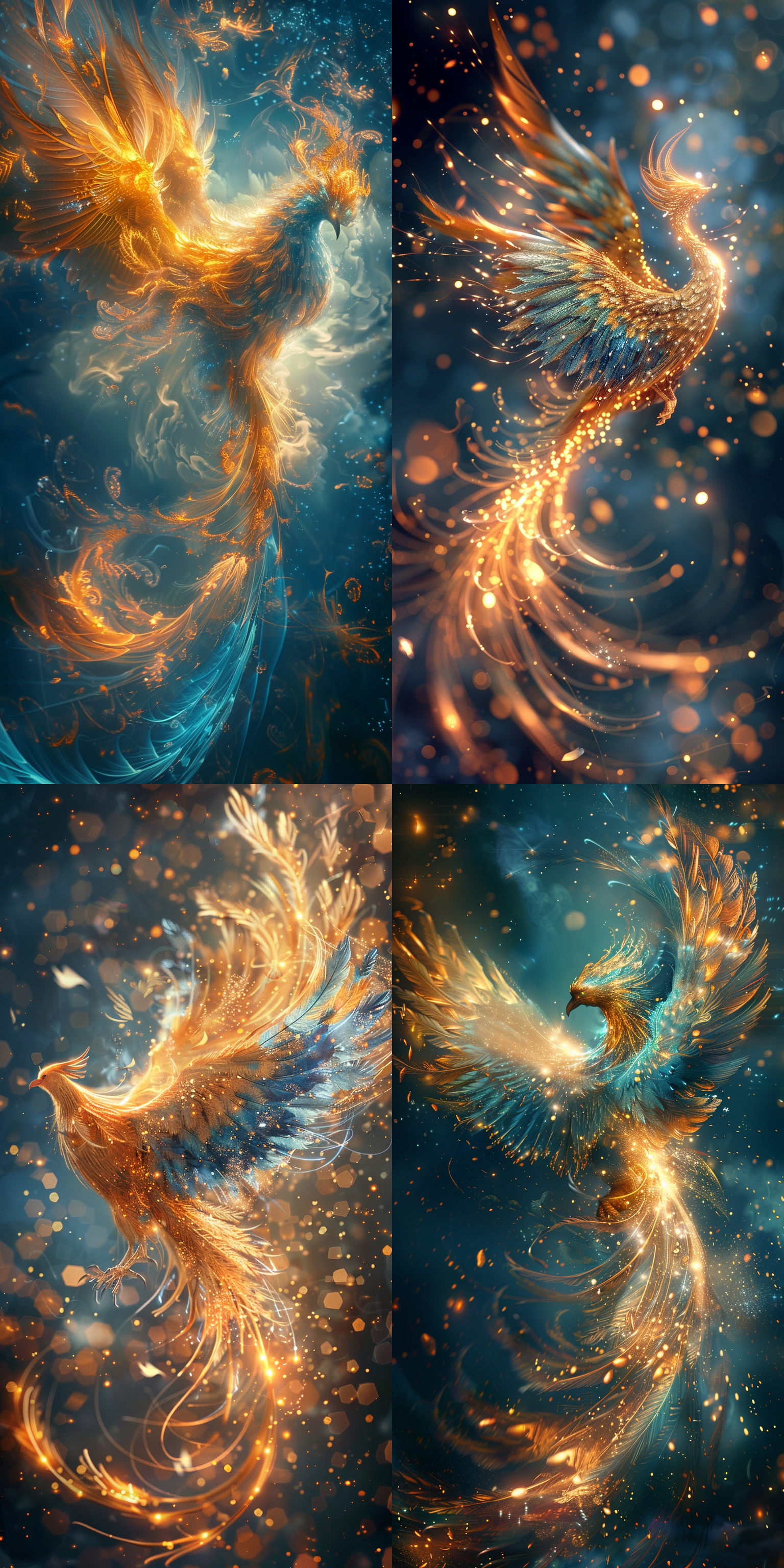 凤凰翱翔，奇幻天空，绚丽羽毛，金色与蓝色交织，翅膀展开，神秘光芒，超现实风格，全景视角，长焦镜头，柔和光线，动态模糊，梦幻色彩，庄严与神秘。