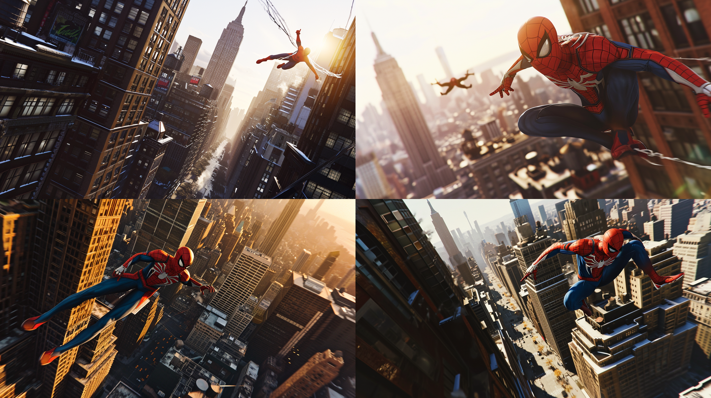 蜘蛛侠与小恶魔在纽约上空战斗，小恶魔驾驶着飞行器。迎面而来的高楼大厦构成背景，呈对角线布局。照明明暗交错，形成高对比度。广角镜头展现壮观的城市景观。蜘蛛侠灵活跳跃，小恶魔机敏操控飞行器。色调以冷色调为主，强化紧张氛围。