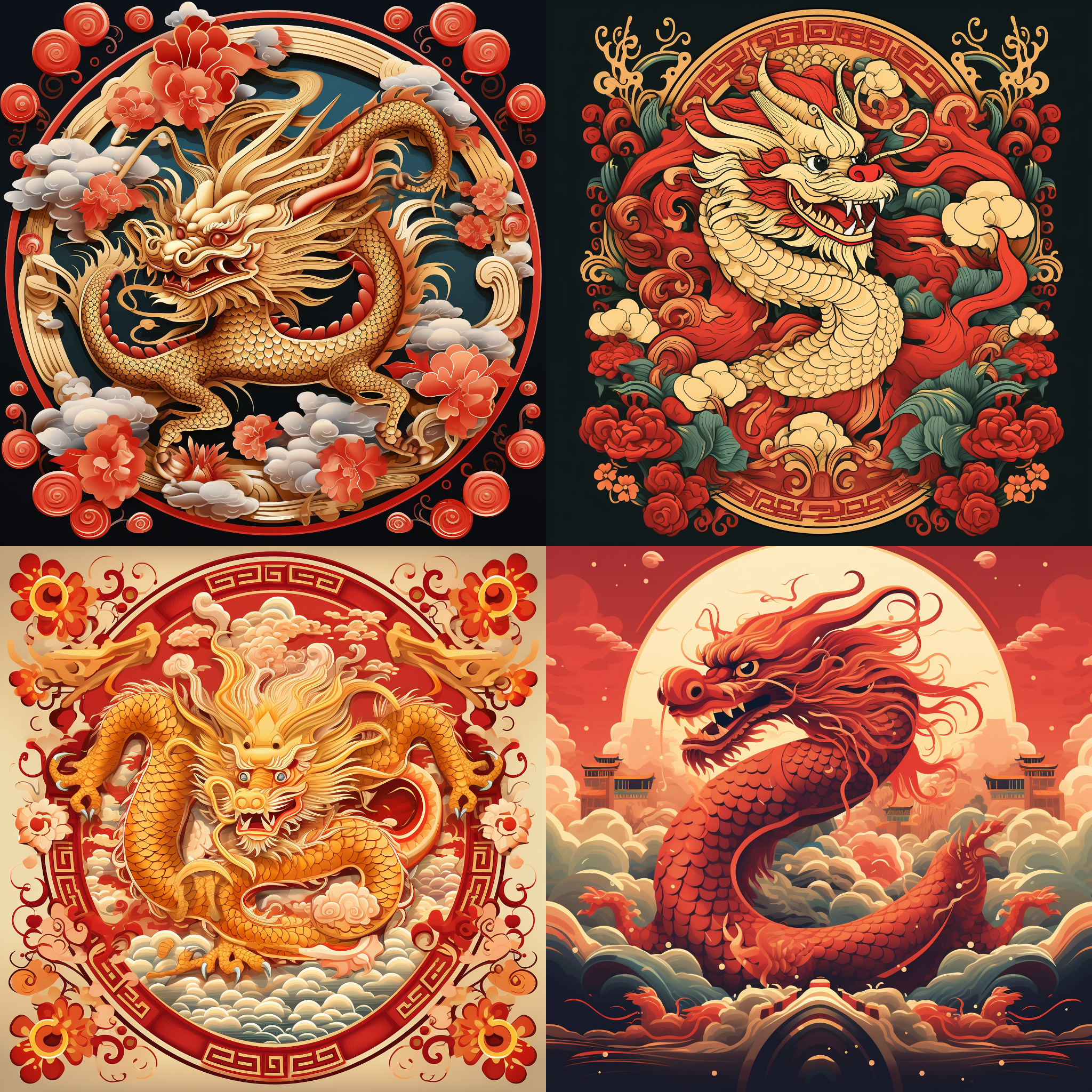 设计一幅有中国特色的年画，有金黄色龙的图案，红色为主要背景，加上其他中国特有的元素