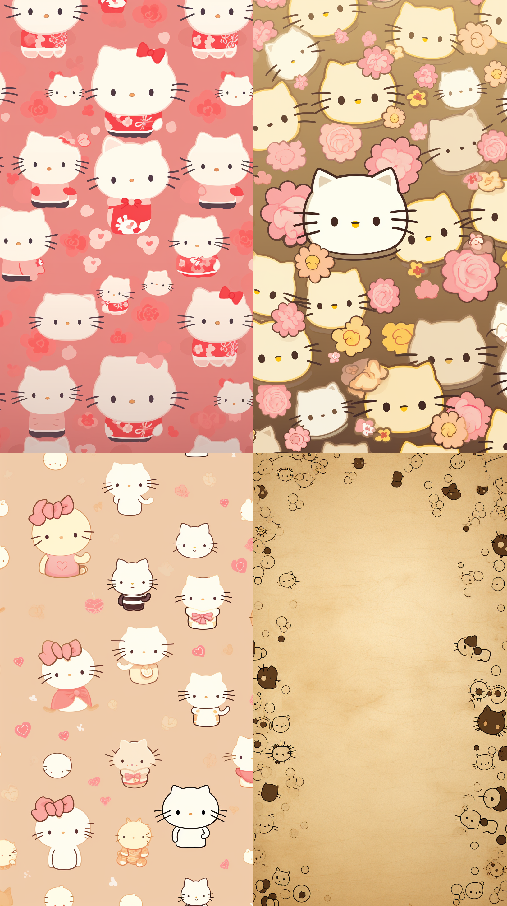 米色的背景仅用线条勾勒出的很多个hello kitty