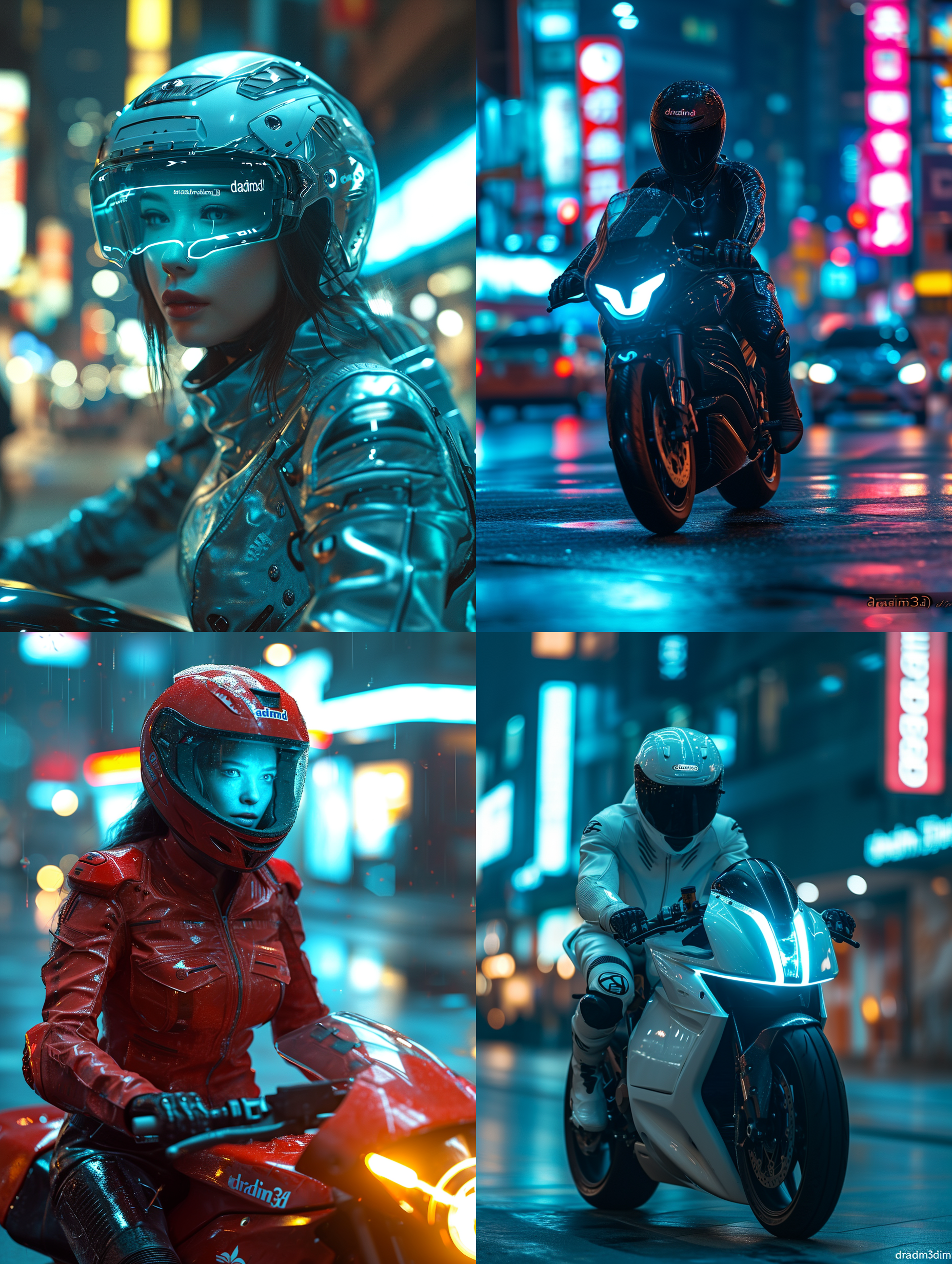 一位美女职业骑手骑着具有极具科技感和未来感的电动摩托飞驰在未来感的超级大城市的街道上，戴着有科技感和科幻感的ar智能头盔，头部前面呈现智能投影的导航画面和数据图，要有摩托和头盔上有"dradim3d"logo标志，8k超高清画质，画面极具运动感，画面色彩丰富，科技感强烈，科技美学，每张画面右下角要有“dradim3d"注册商标的logo水印标记