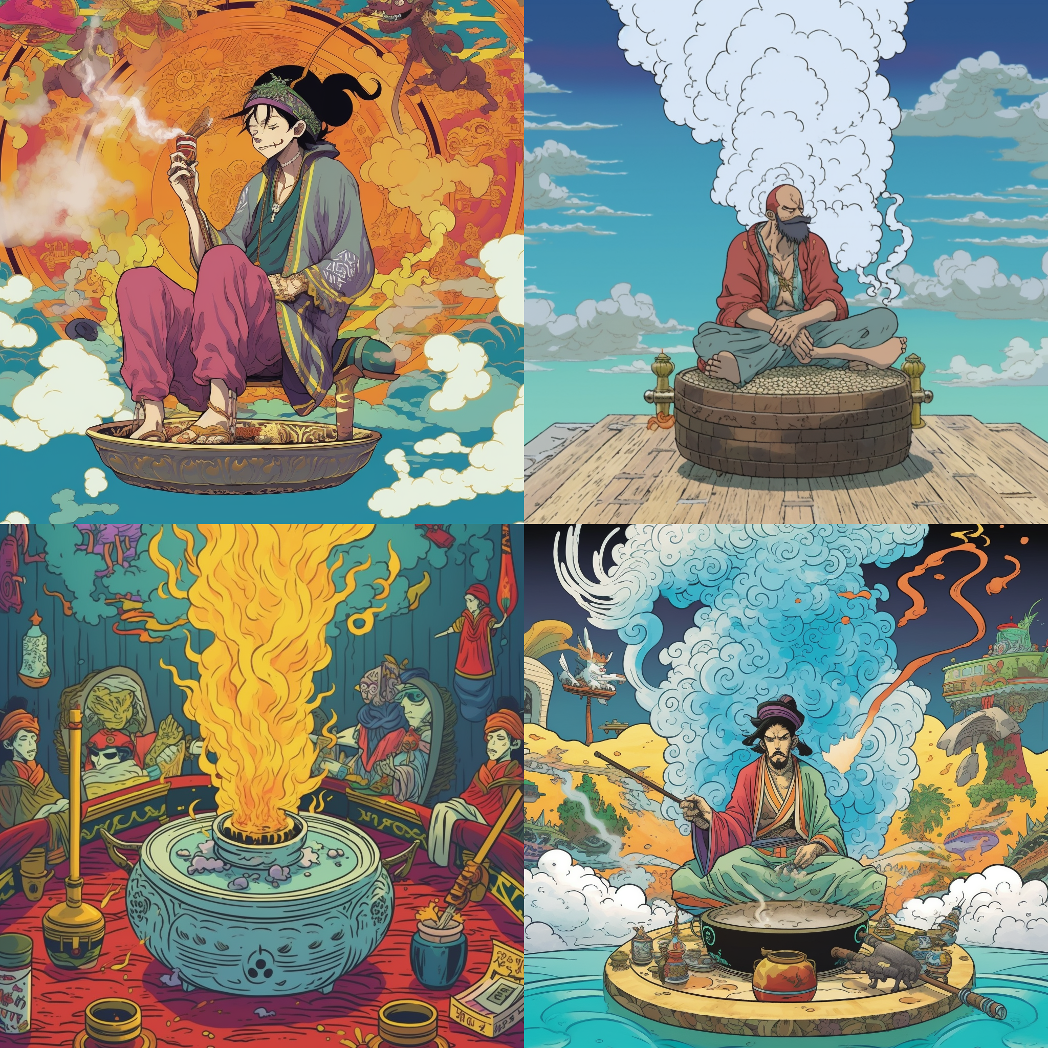 海贼王风格，多色，背景纯色，右下角有一个甪端香炉吐出香烟，香烟向画面中央飘去形成一个对话框