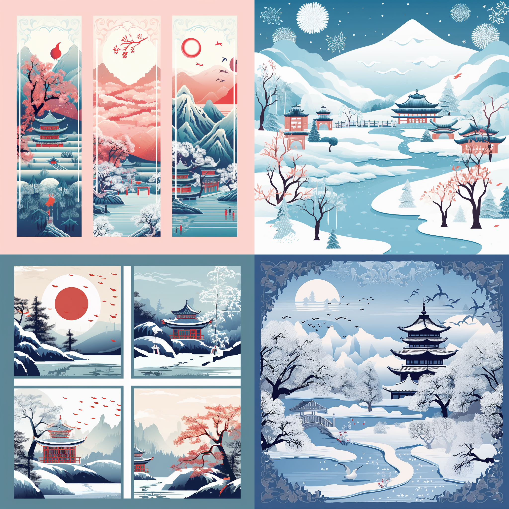 design a chinese characteristics, including landscapes, traditional culture, and illustrations，winter,frost,dead branches,frozen water,landscape,gently pale white tones,bright background, clear background trend,clear outline light,white space at the top of the frame,flat illustration,victo nagi style,16k,the sachets with tassels hang from the corner of the pavilion
