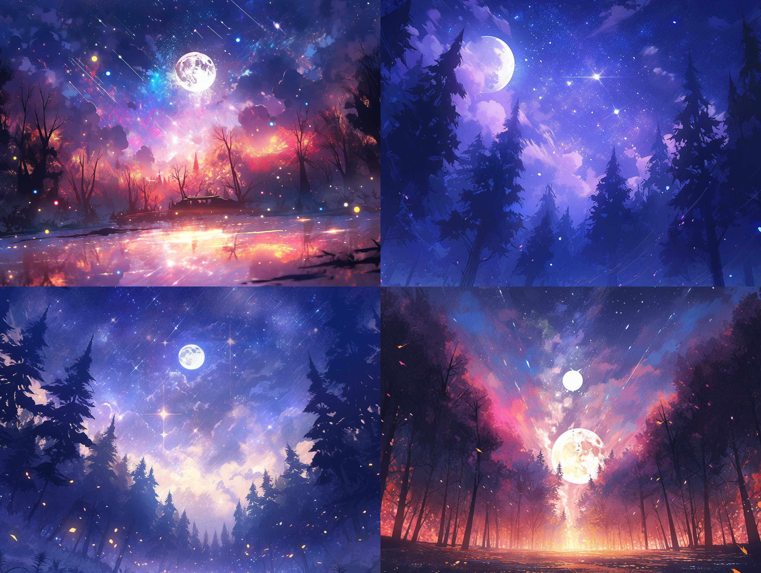 月亮和森林，封面为yuumei风格的星星艺术集团（星星）的ep，深邃的夜空，深紫色和金红色，荧光，全局照明，发光的效果，光线的现实主义描绘，精致的幻想世界，agnes劳伦斯佩尔顿（可以去掉或许更亮堂），数字绘画，温馨配色，明亮的配色，闪耀的星空，夜景，夜芯，洒金效果，仙光，超广角 超级高分辨率 大文件 风景