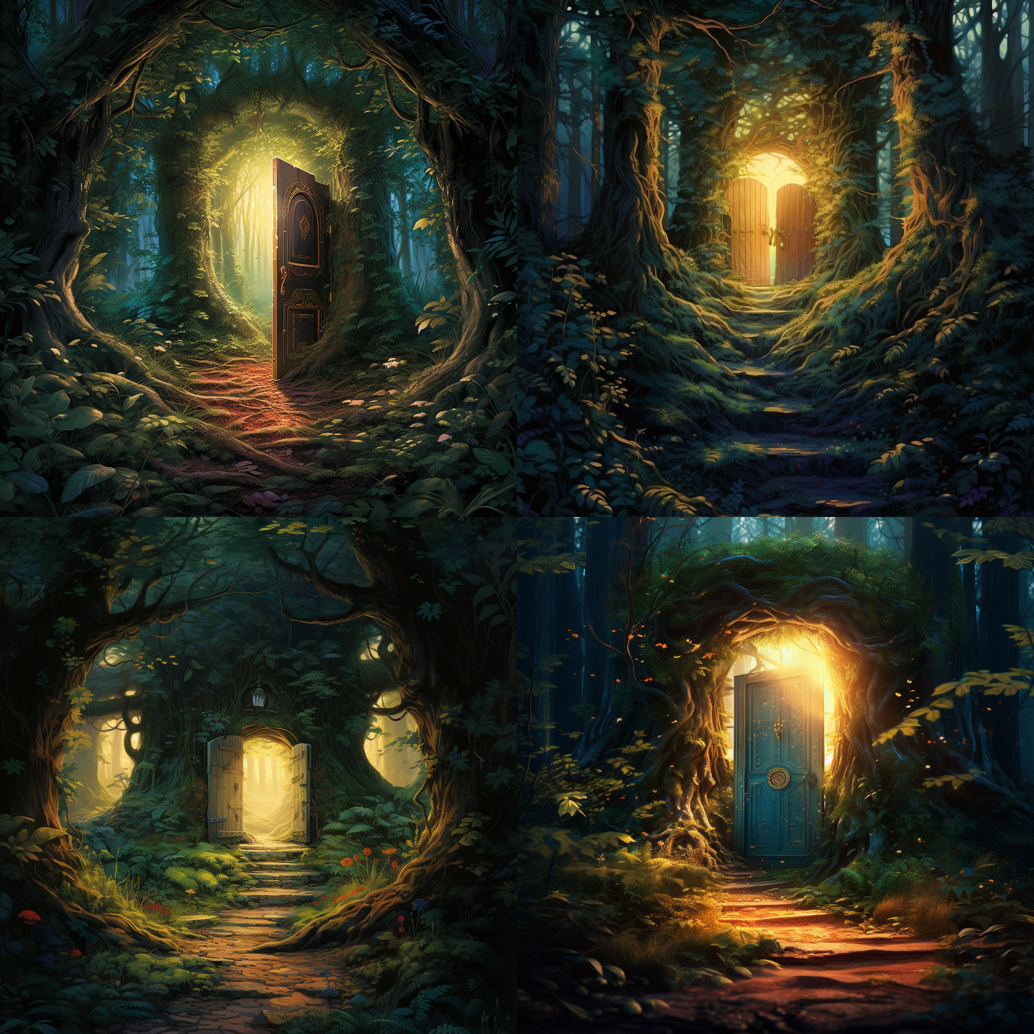 任意门，神秘的通道，打开在一片森林中，光线透过树叶洒下，窄景角镜头捕捉到门和周围环境的细节，蓝绿色调，夕阳余晖，人物从门中走出，带着好奇和期待，创造无限可能。