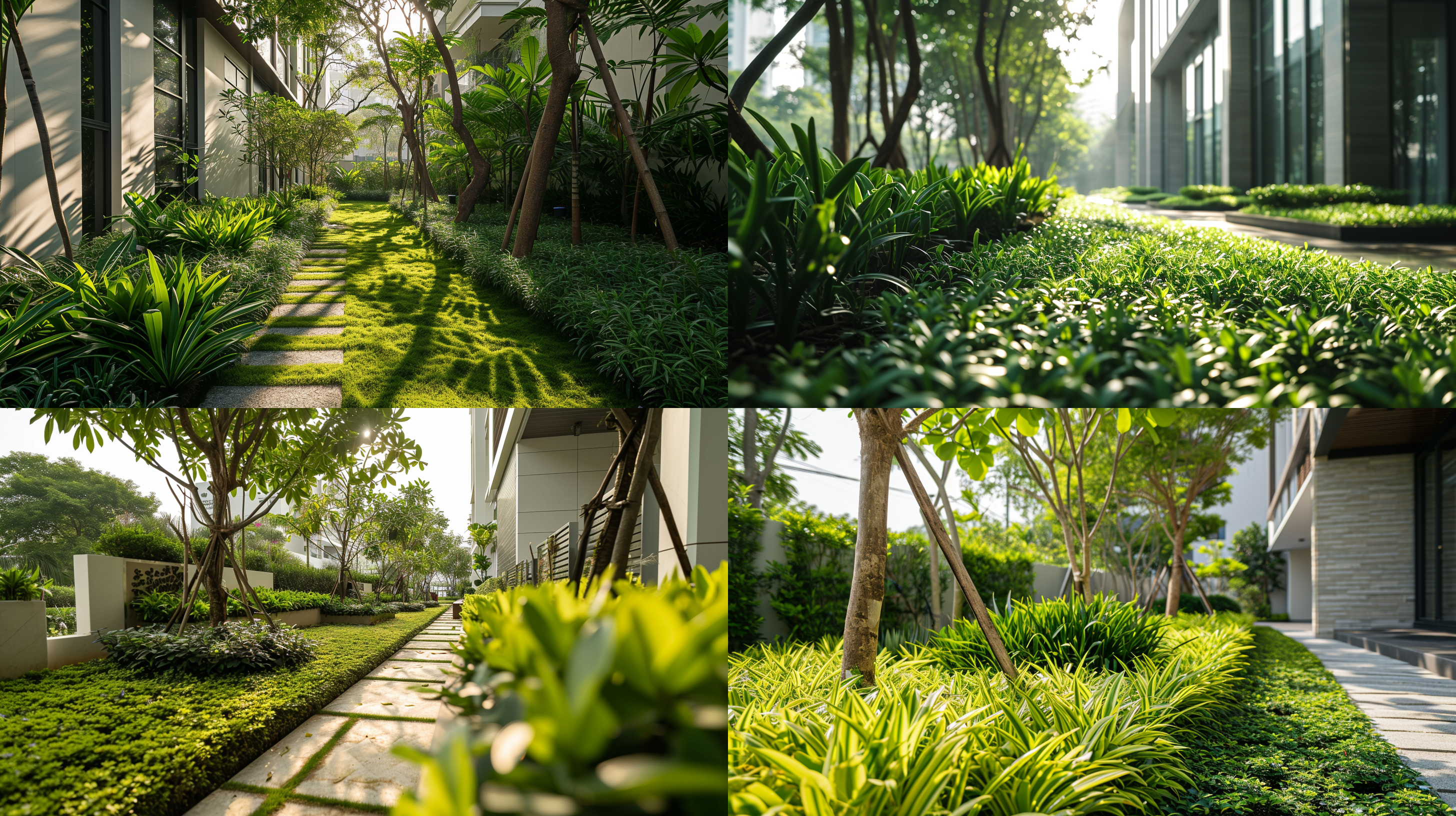 公司门前的景观设计 有青草和绿色植物 矮一点的绿植 写实风格 摄影 背景是白色的墙面