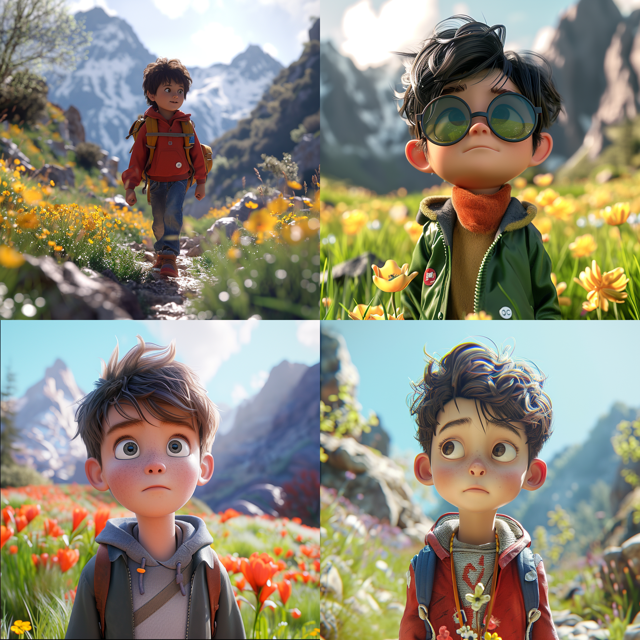 super cut boy,close up,ultra wide-angle lens, scenes in spring, on a beautiful mountain path, on a sunny day,3d art, c4d,octane rendering, ray traction,clay materrials,blind box,pixar trend,clean background 特写 超广角 三维 oc渲染器 黏土 皮克斯 干净背景