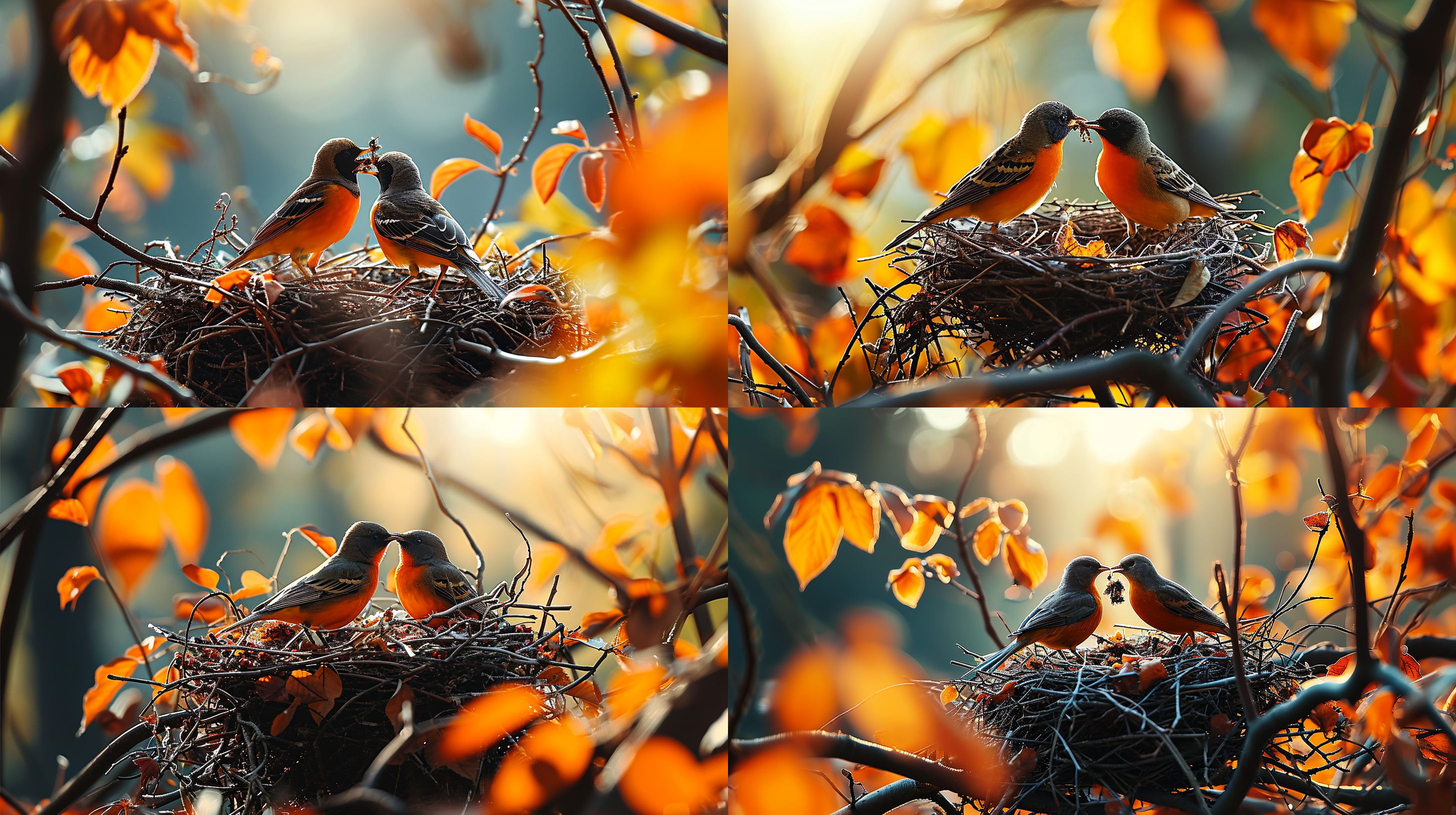 森林的树枝上的黄鹂鸟鸟窝，两只黄鹂鸟在给小黄鹂喂小虫子，温暖和煦的林中阳光光束照在黄鹂鸟的身上，彩色羽毛莹光闪闪，专业动物摄影，徕卡高端相机360全景专业摄影，超广角全景镜头，全景，周边是秋季五颜六色的林中霜叶，黄鹂鸟可爱古灵精怪的样子，可笑，阳光光线，野外真实光线，超写实，现实风格，8k超高清画质