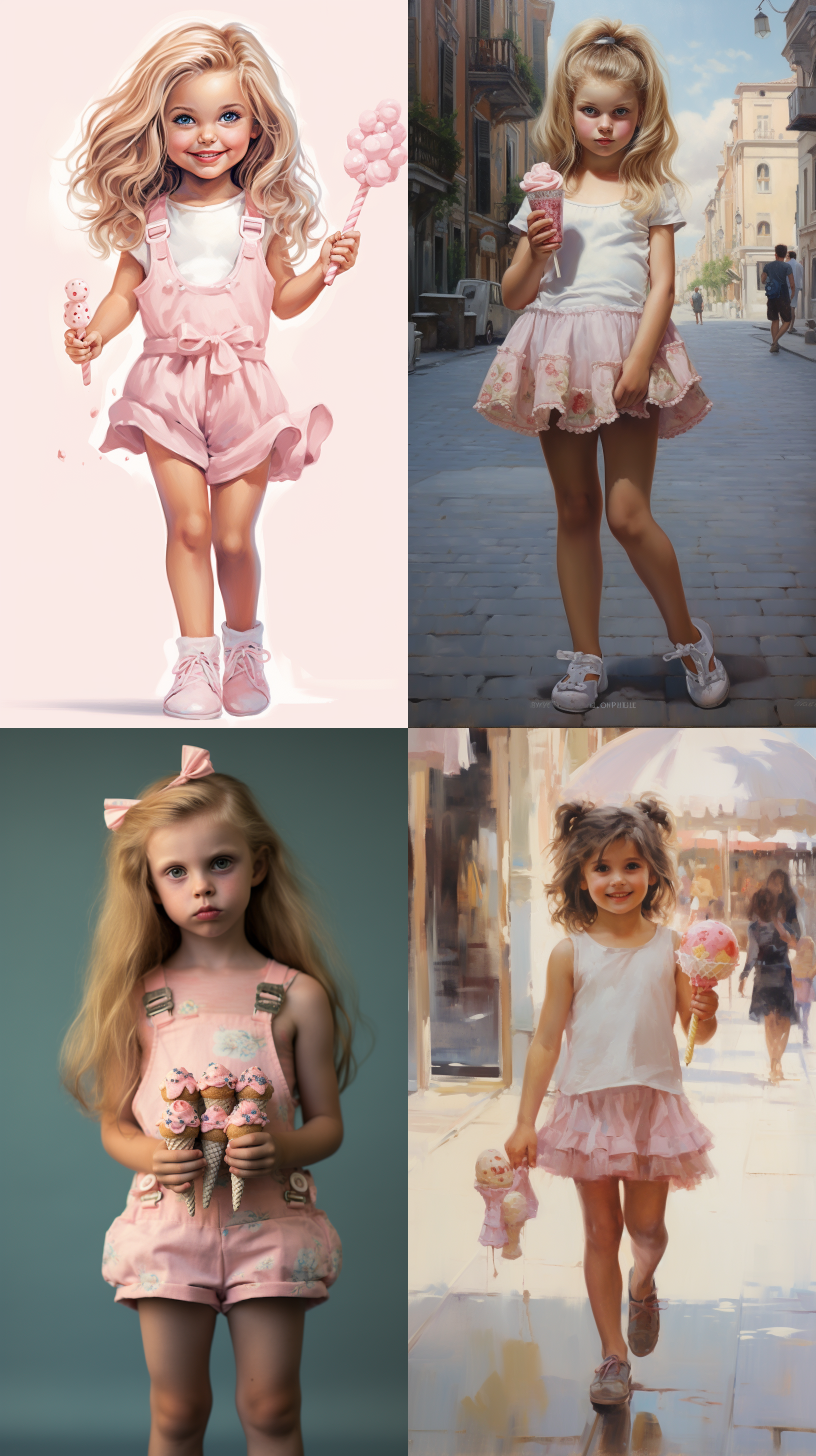 in summer, a cute four year old pretty girl who eats ice cream has a pair of ponytails, a pink short skirt,