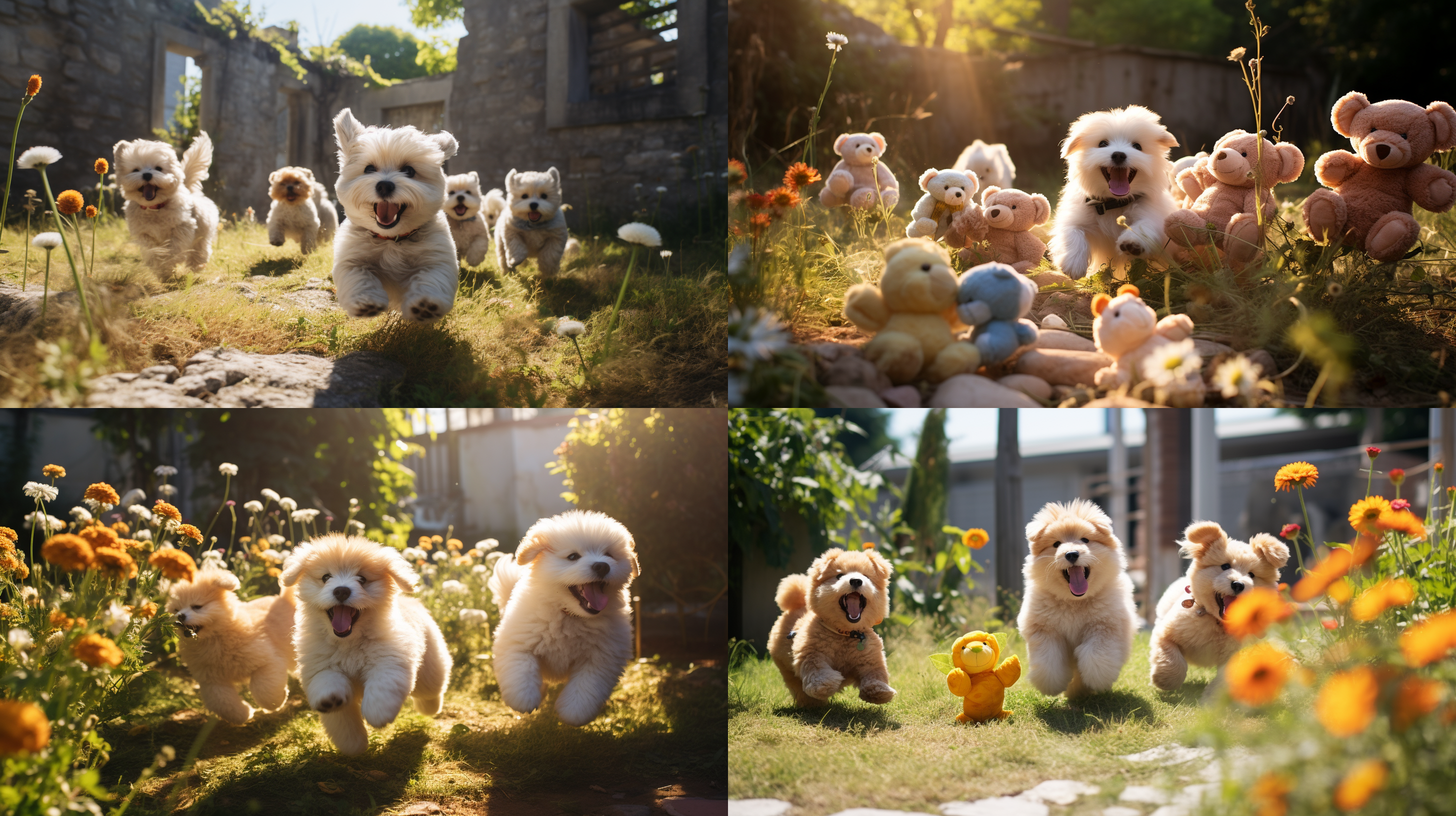 一群可爱的泰迪狗在一处空草地上打闹嘻戏！专业动物摄影，徕卡高端相机专业摄影，中景镜头，全景，周边是公园的花卉绿植 ，长满别墅墙的牵牛花，泰迪呆萌可爱，古灵精怪，可笑，阳光光线，野外真实光线，超写实，现实风格，8k超高清画质