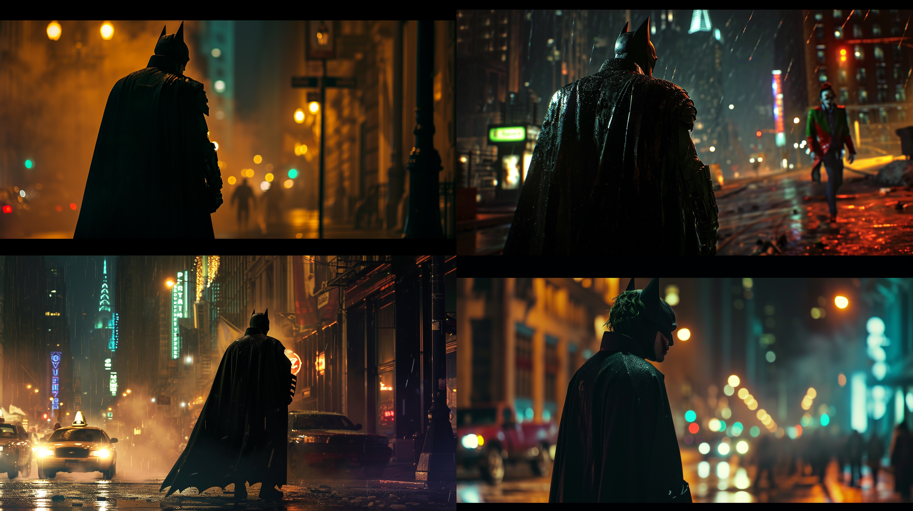 蝙蝠侠审判小丑女，夜晚城市背景，暗黑风格，广角镜头，高光处理，动作凌厉，身穿黑色斗篷，小丑女身着彩色服装，对峙姿势，街头暖色灯光映照，紧张氛围。