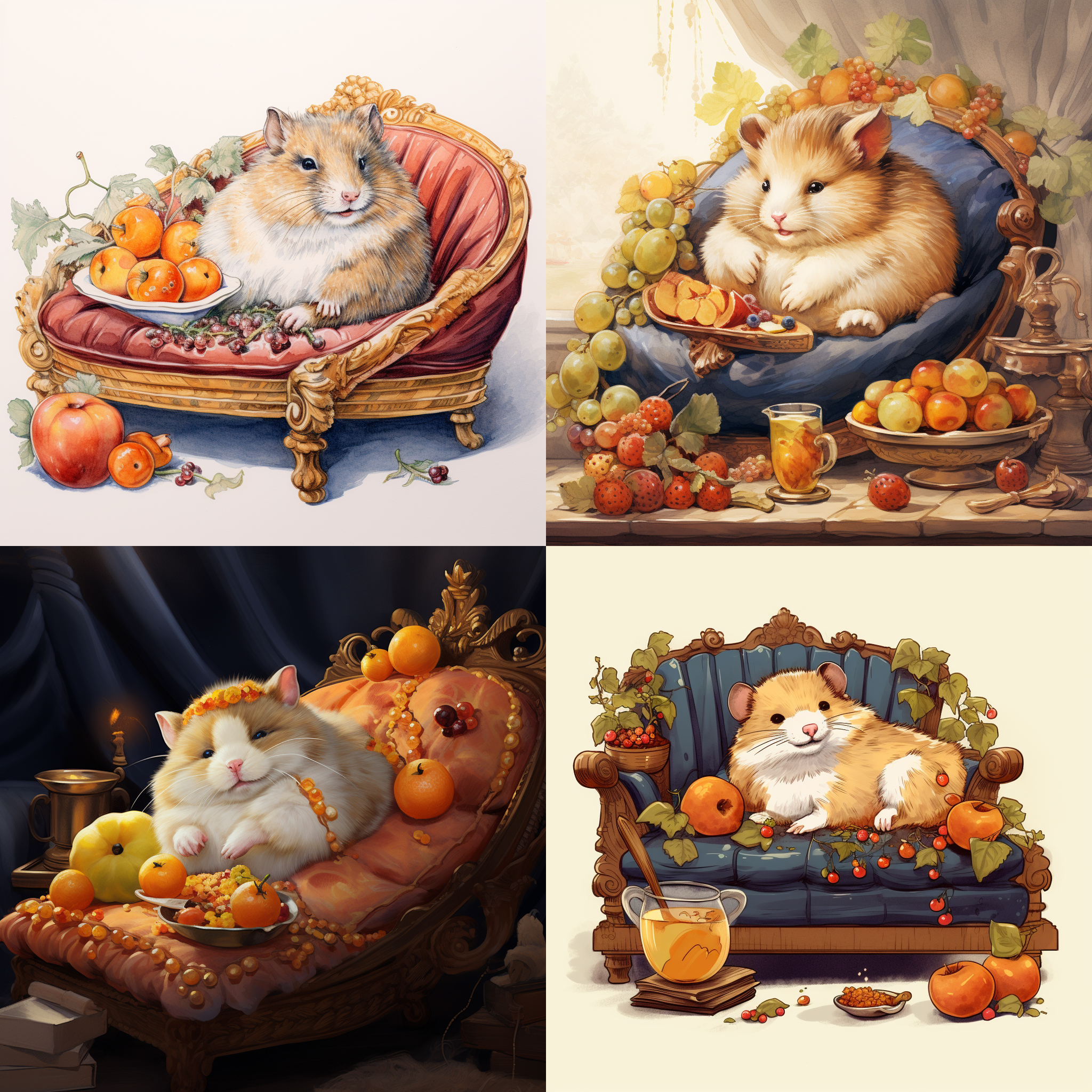 画一只仓鼠，正在午睡的样子，身边有水果和干果，仓鼠正躺在欧式沙发上，仓鼠是戴着皇冠的样子