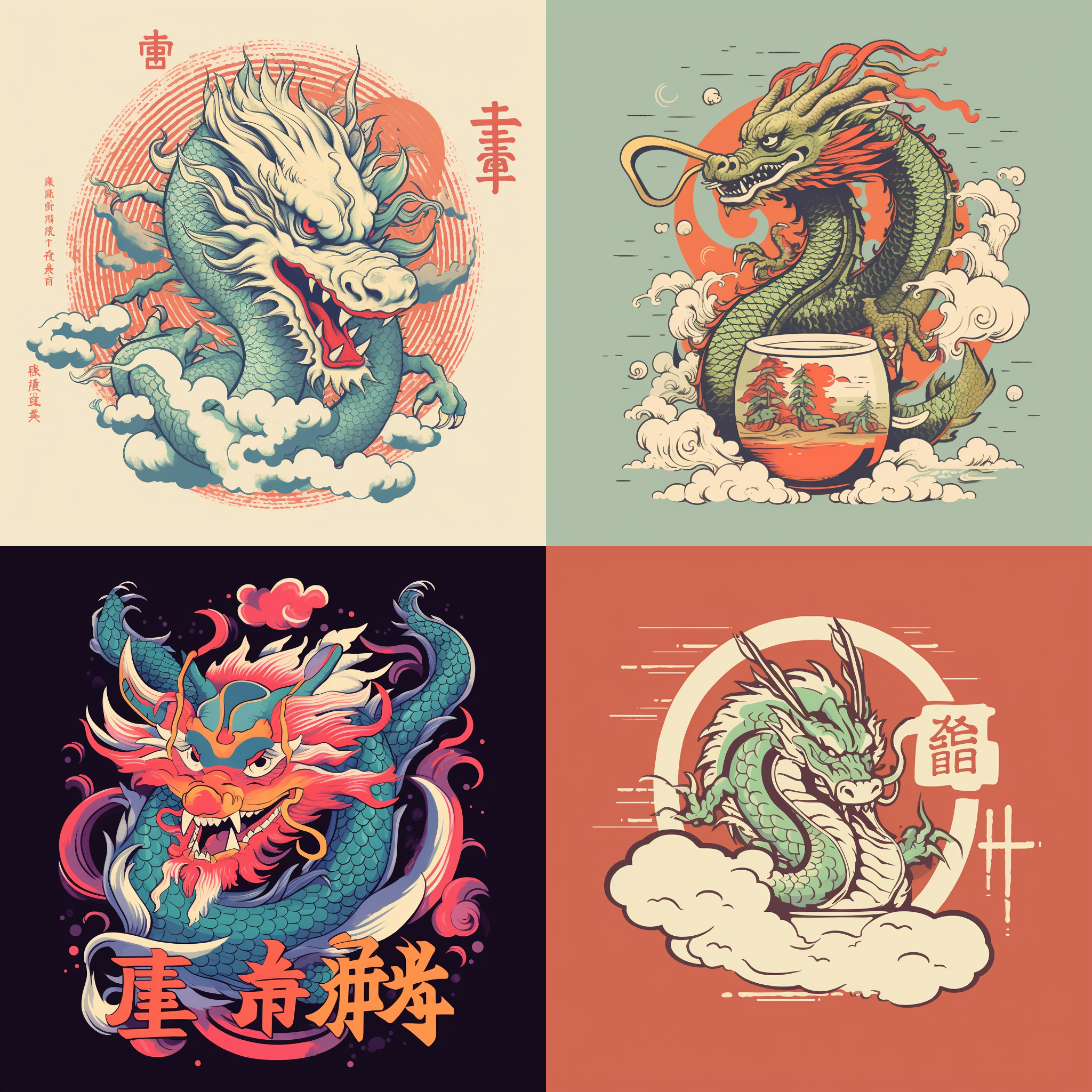 动漫简笔画风格，多色，背景纯色，中国龙在右上角，头向下吐出烟，左边竖排版一行宋体字文化下午茶