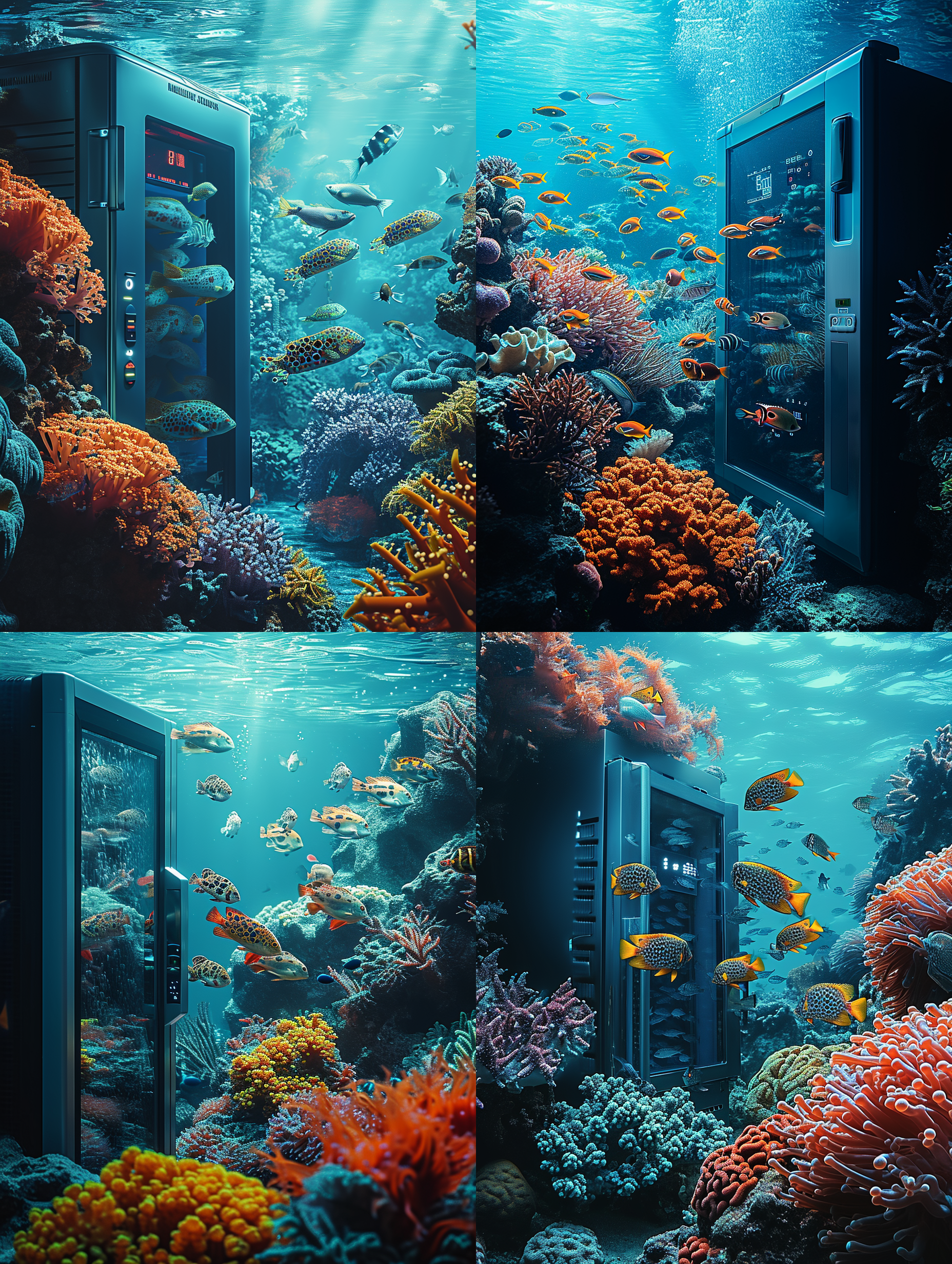 在海底，一大群六颜六色的大斑条鱼在珊瑚间游动，一个巨大的数字科技特征的超大冰箱，冰箱门已经打开，冰箱门上部有一把数字锁，冰箱上的大液晶屏显示超低温冷冻的数字，冰箱体以45度的立体视角，鱼游进了冰箱 里，有很多鱼在游动，冰箱壳体以产品结构线的形式呈现，海底彩色珊瑚礁，海草，，整体画面呈现一种海洋科技蓝的主色调，体现海产品数字 科技保鲜的感觉，顶级的海底摄影效果和画质 ，科技美学，色彩层次丰富，画面细节丰富，体现数字科技与海产品保鲜的应用的特征。 
