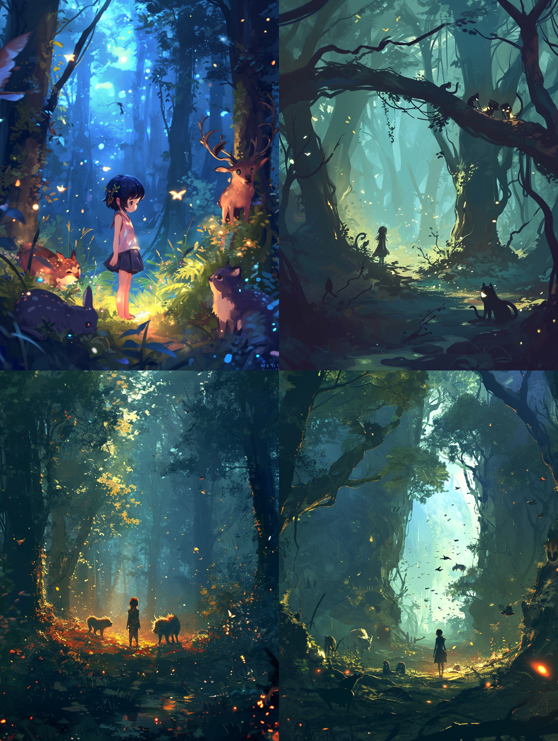 背景：夜晚的森林，月光照亮了一片神秘的地方。 场景：一位少女在森林中穿梭，与林间的小动物互动。 细节：月光下的森林，小动物们围绕着少女，树上的萤火虫发着光。 环境：夜晚的森林，宁静而神秘。 风格：以手绘的方式表现，注重细节和色彩的搭配。 构图：少女站在画面中央，森林和小动物们环绕着她。 色彩：主要使用了蓝色和紫色等冷色调，强调夜晚森林的宁静。 渲染：通过柔和的色彩过渡和细腻的笔触，使画面更富有层次感。