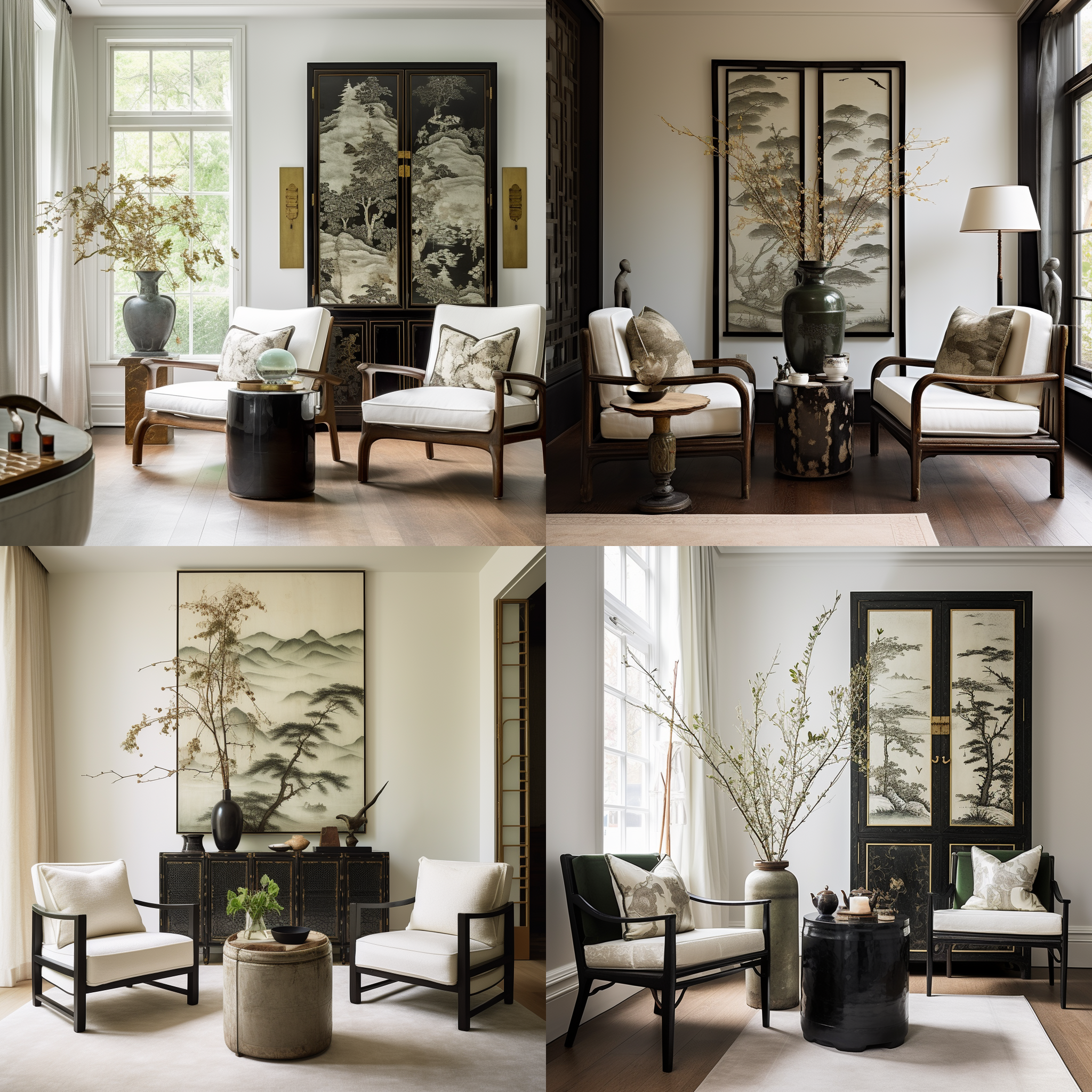 interior design photography, in a living room with windows, there are two chairs and a table, a cabinet, green plant, folding screen, decorative paintings, organic texture, black, white, gold main color, simple and elegant, minimalist, vintage-inspired, chinoiserie, chinese song dynasty style, oriental aesthetics