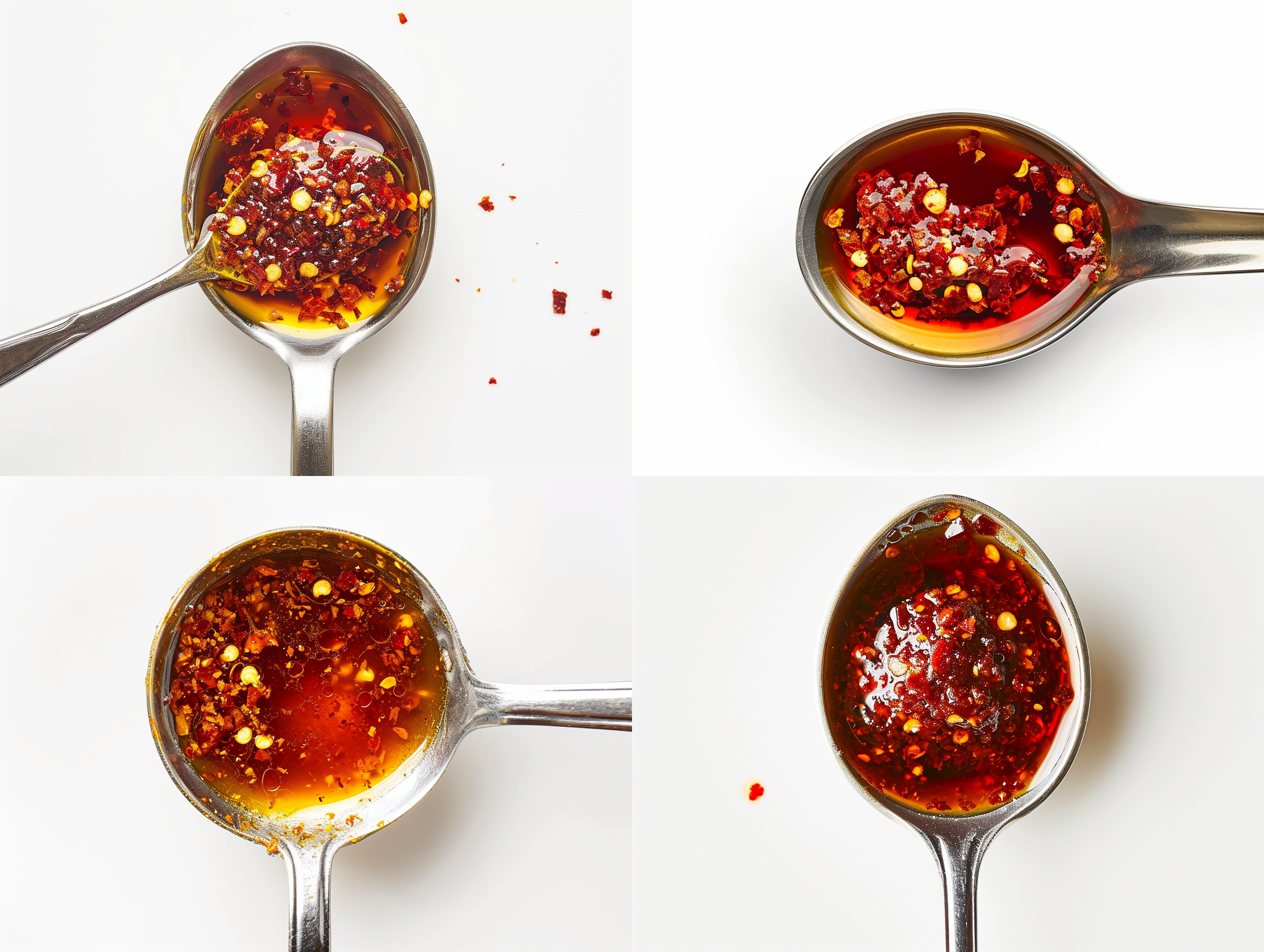 勺子舀起的辣椒油，白色背景