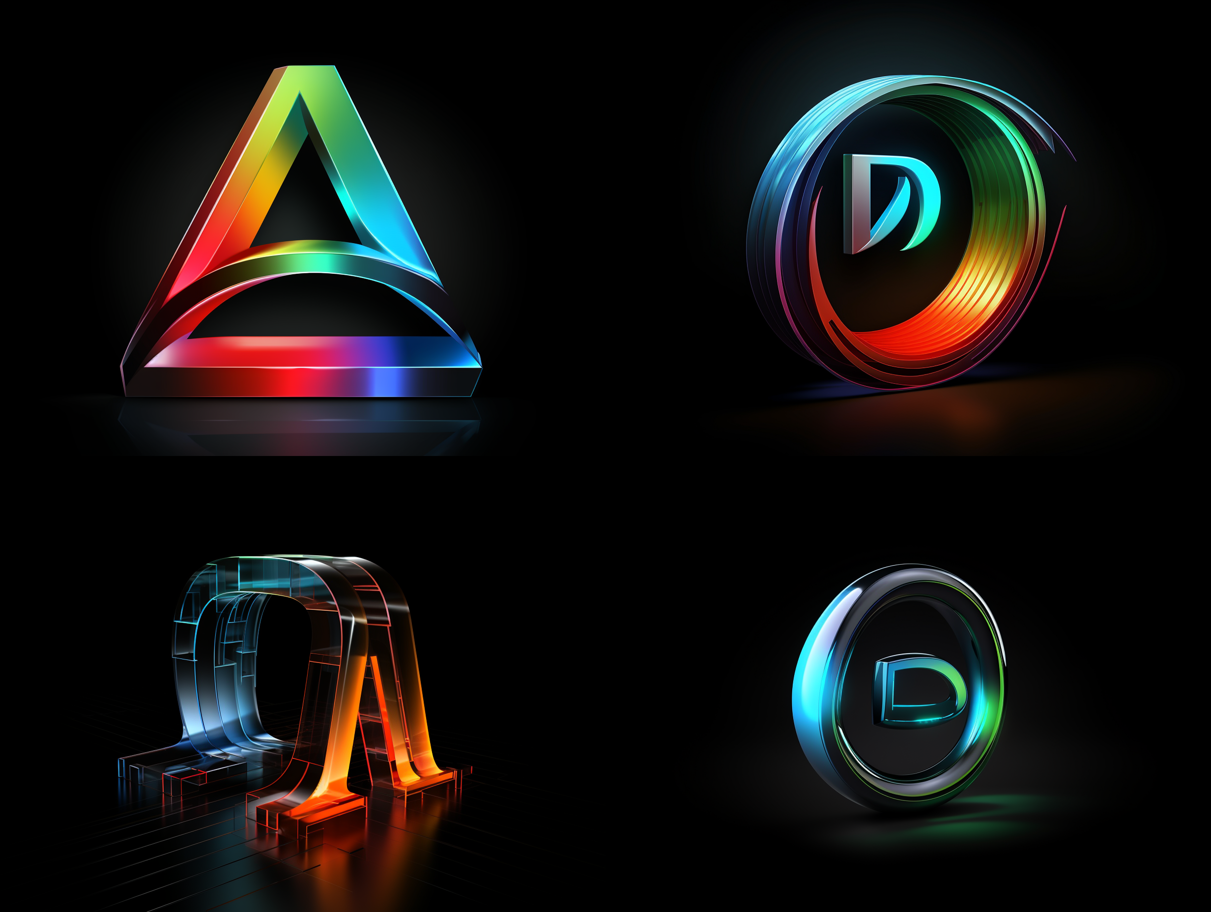 以”dradim3d"设计一个字母数字logo ,字母数字必须完全相同，极简主义风格，简单，有艺术美感，以红绿蓝渐变颜色，用在科技，科普内容传播领域，有科技感和未来感，顶级专业logo设计，