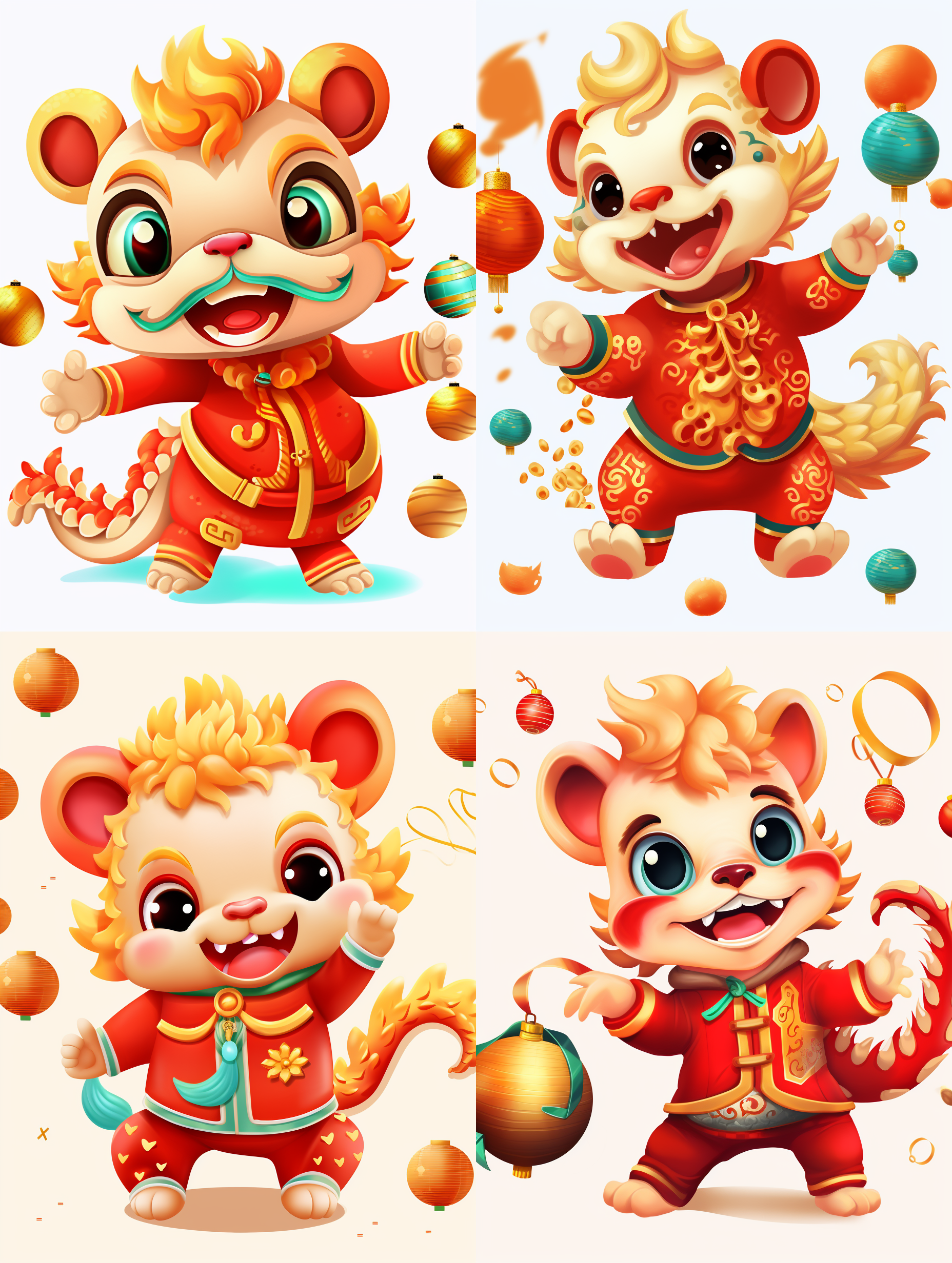 设计一个中国风的可爱舞龙卡通插画、新年氛围感、金币彩带装饰、简约背景