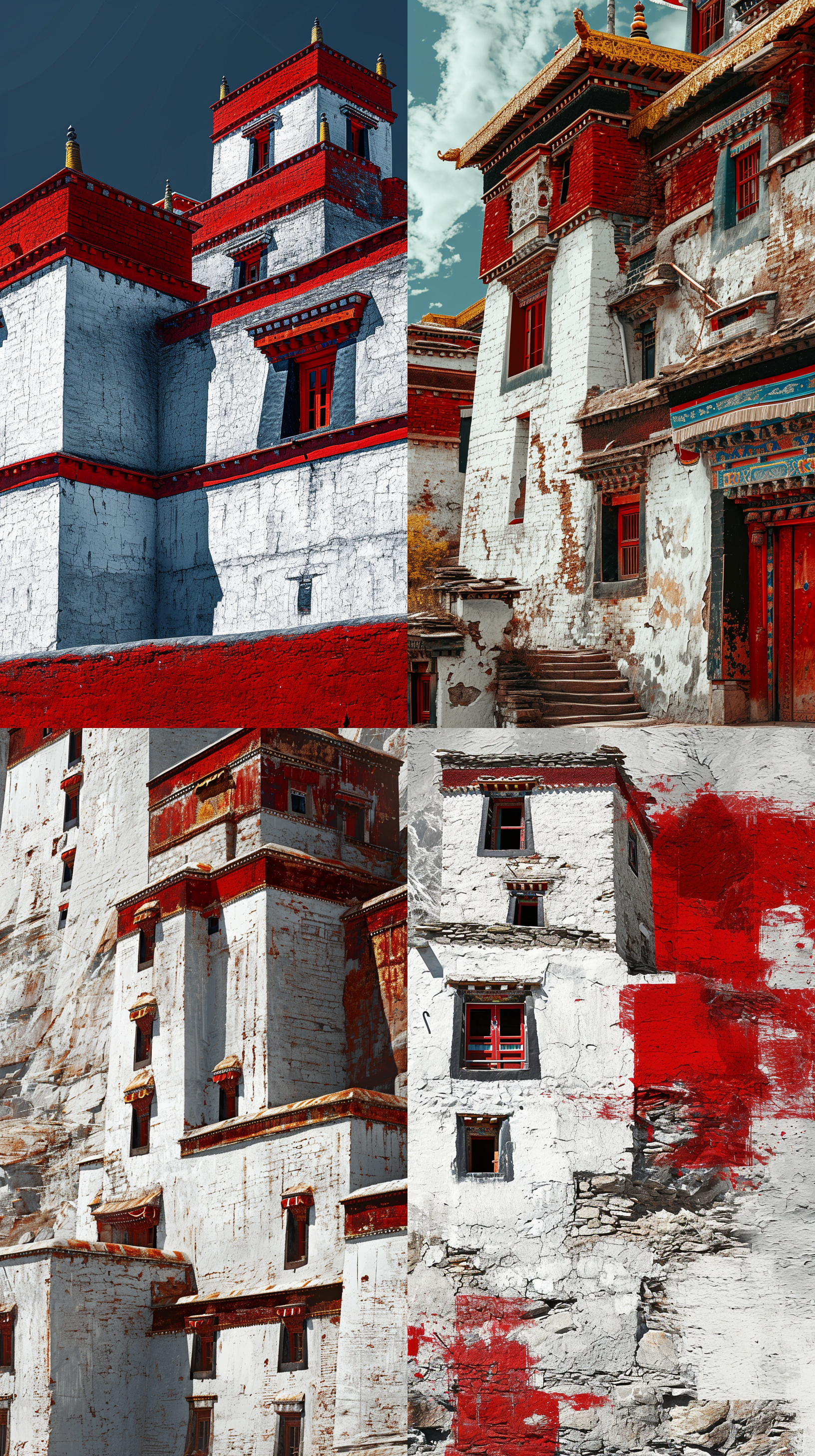 a shot of the tibetan fortress, in the style of abstracted architecture, white and red, pointillist optical mixing, ingrid baars, 32k uhd, visual harmony, serge marshennikov
