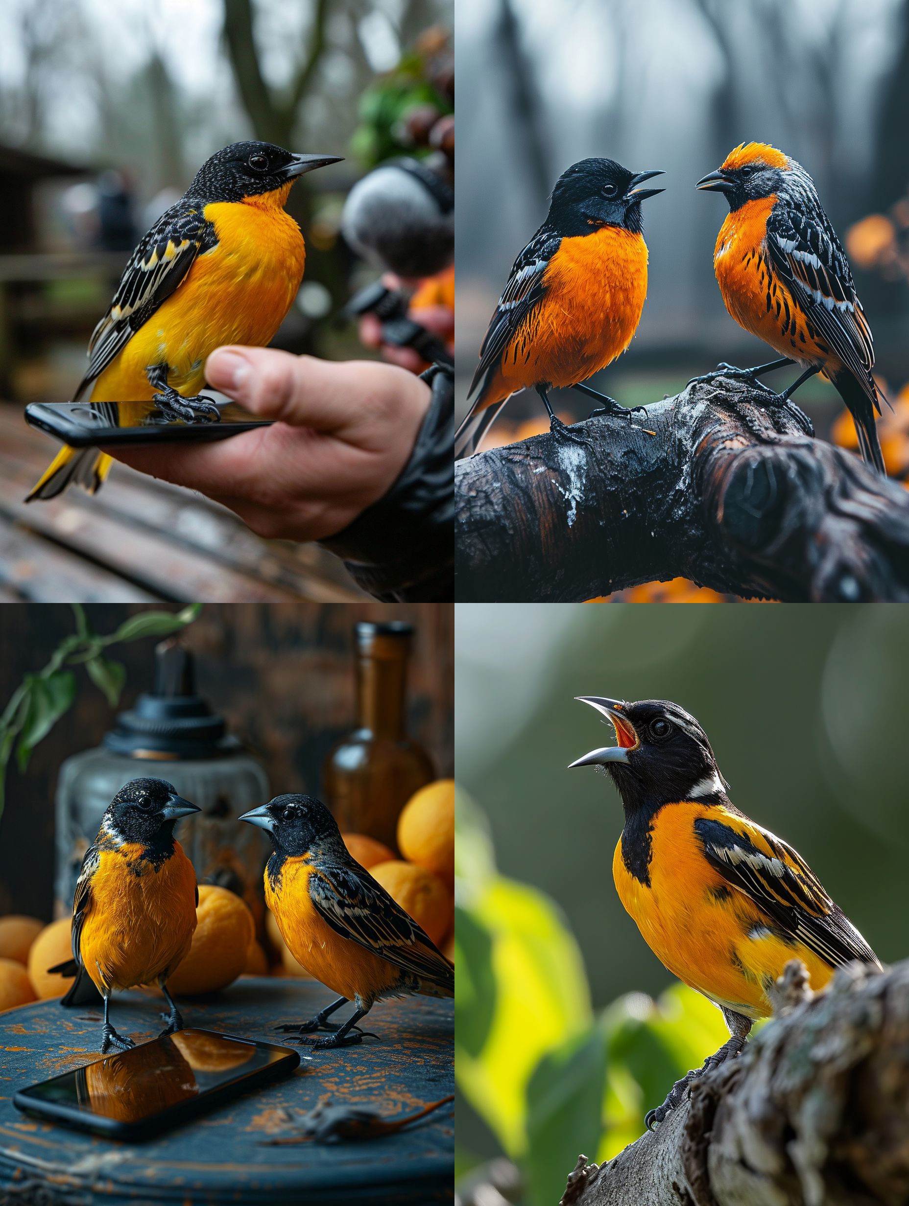 一只黄鹂鸟在用华为手机给屏幕里的另一只黄鹂鸟打电话，近镜头表现，感觉象恋爱约会，顶级画质，徕卡动物专业摄影 超写实，