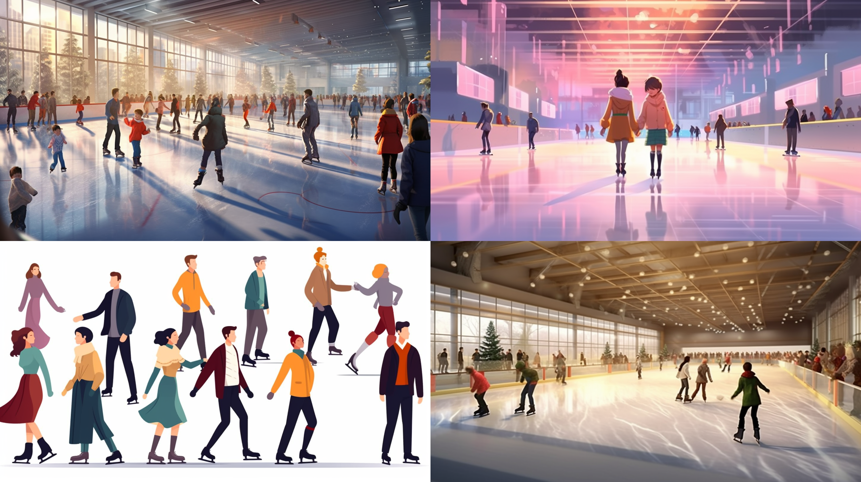 专业速滑馆，老师教学生滑冰，ai人