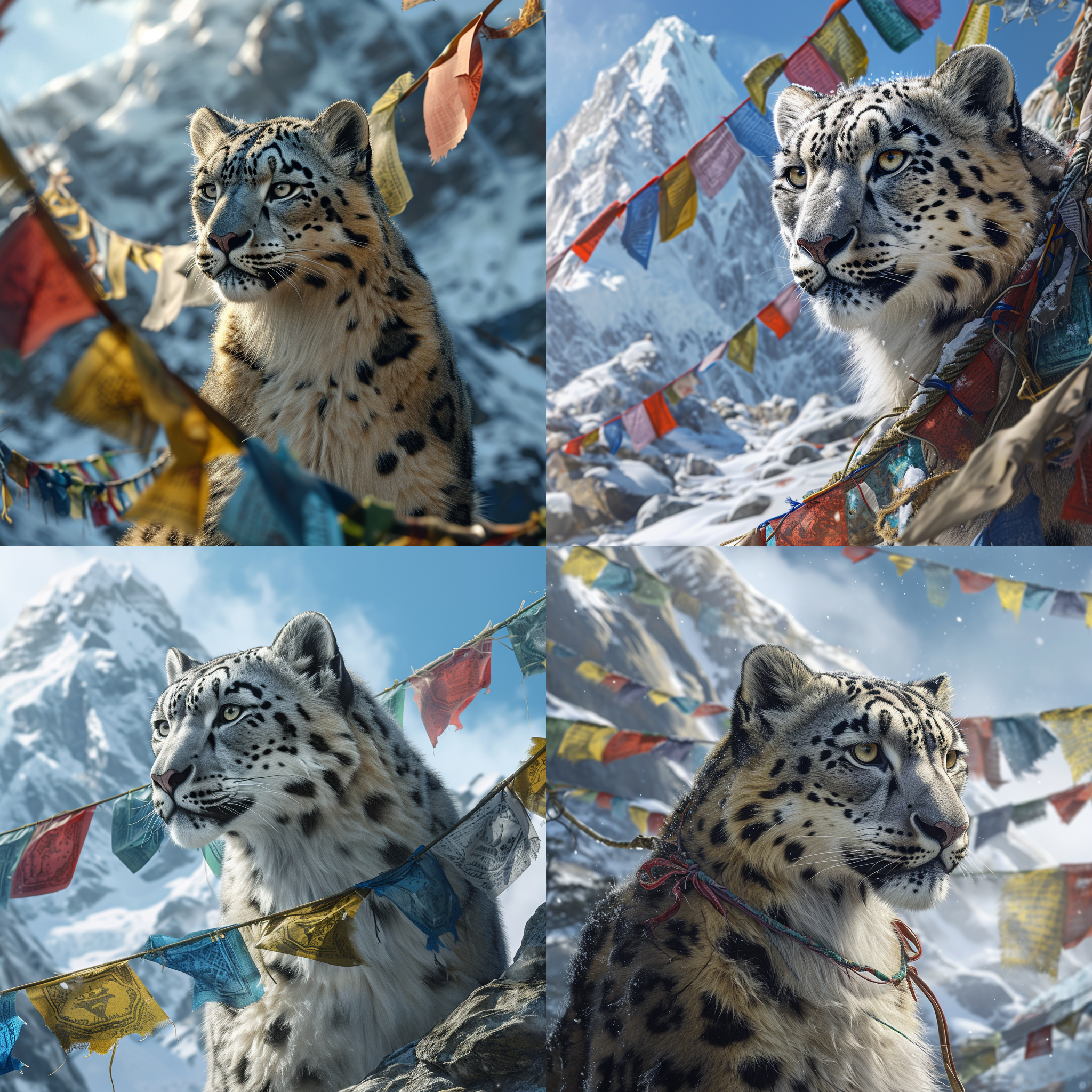 a snow-leopard gazing straight through prayer flags with snow-caped mountain background, very realistic, very detail, hight resolution 4k