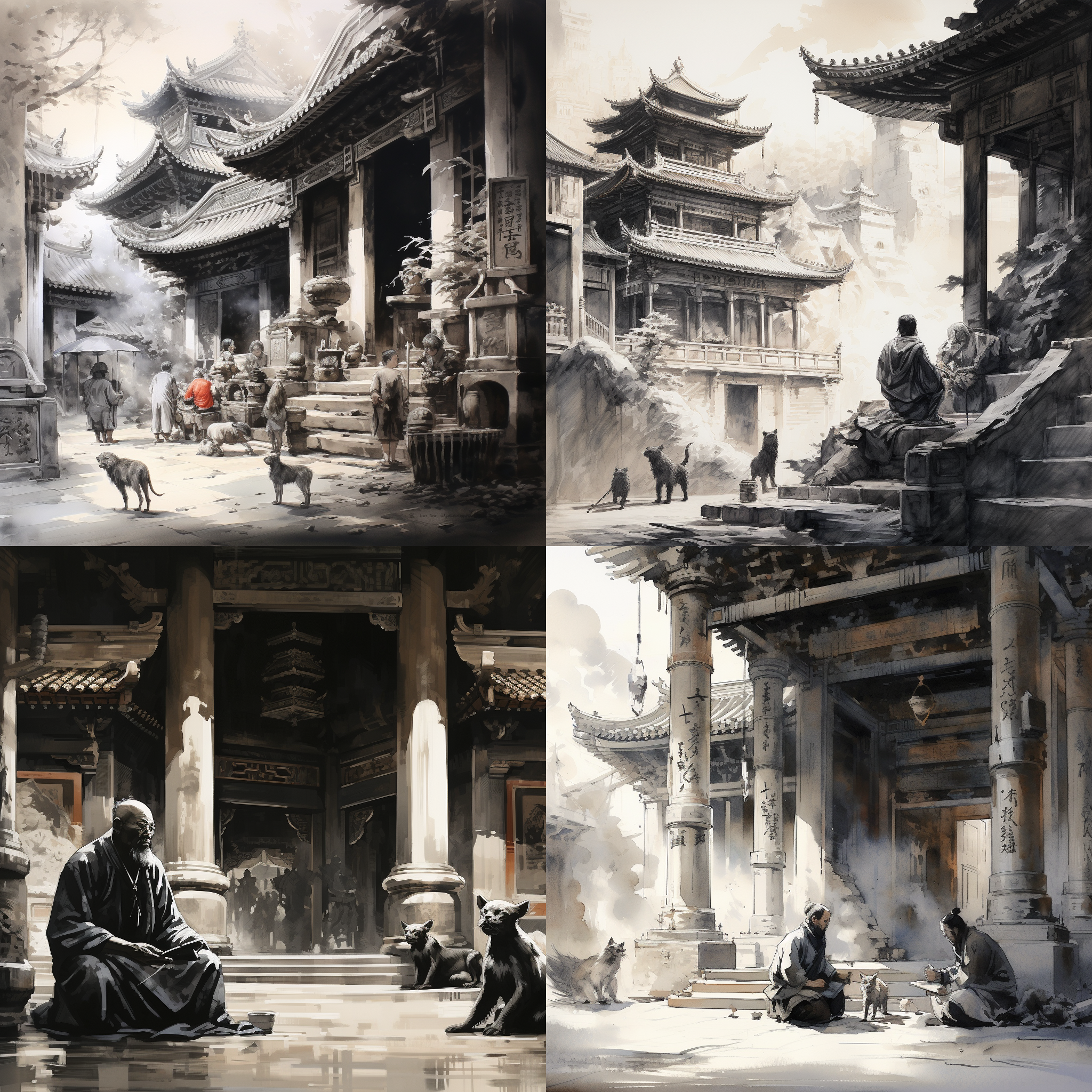 水墨风格，令人惊叹的史诗中国古老主题，寺庙，老人抱着猫, 宏观视角，非常详细，动态，表现力，逼真的照明和阴影