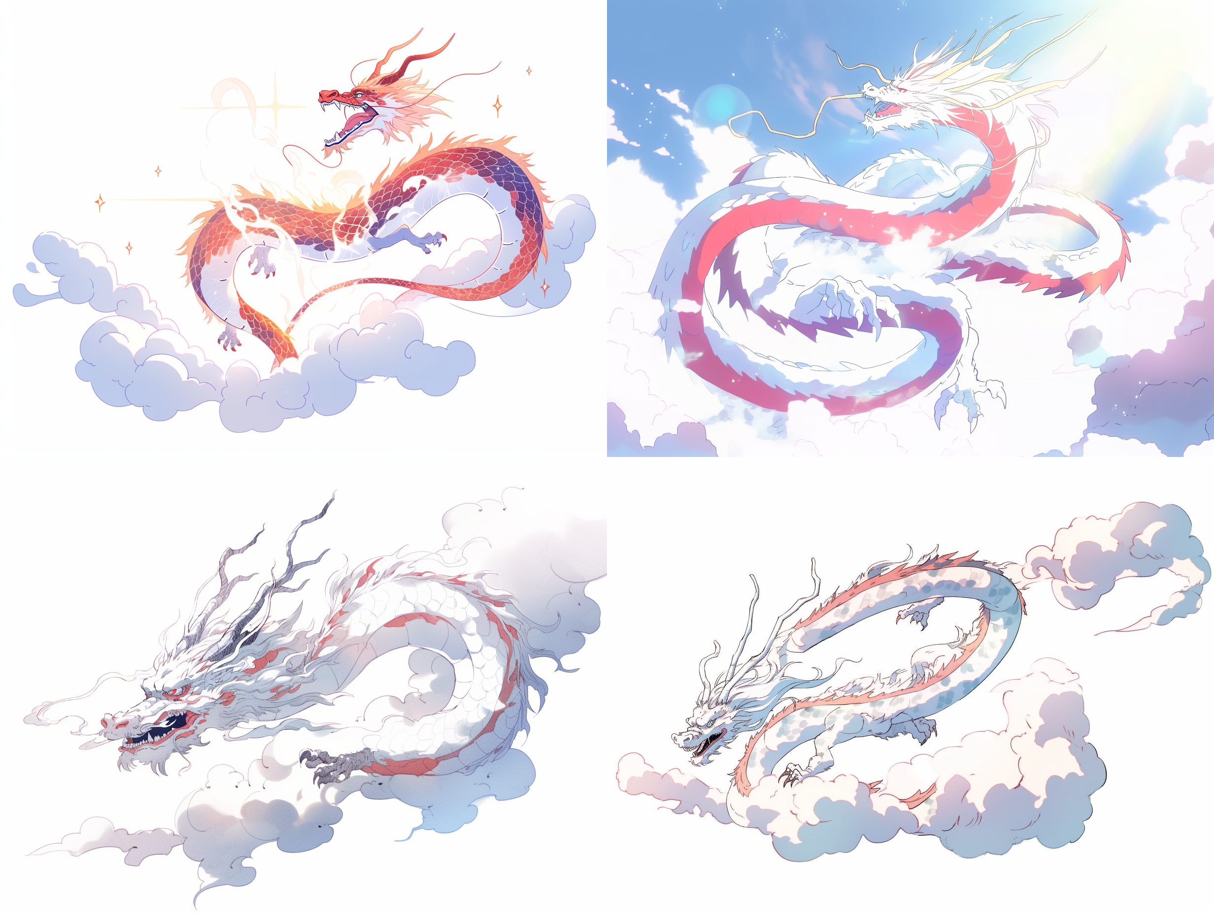 动漫简笔画风格，盘踞云里的中国的龙，极简主义，白底背景，流畅线条，简洁白底，闪亮、光泽、高清晰度、最佳画质、最佳品质。 