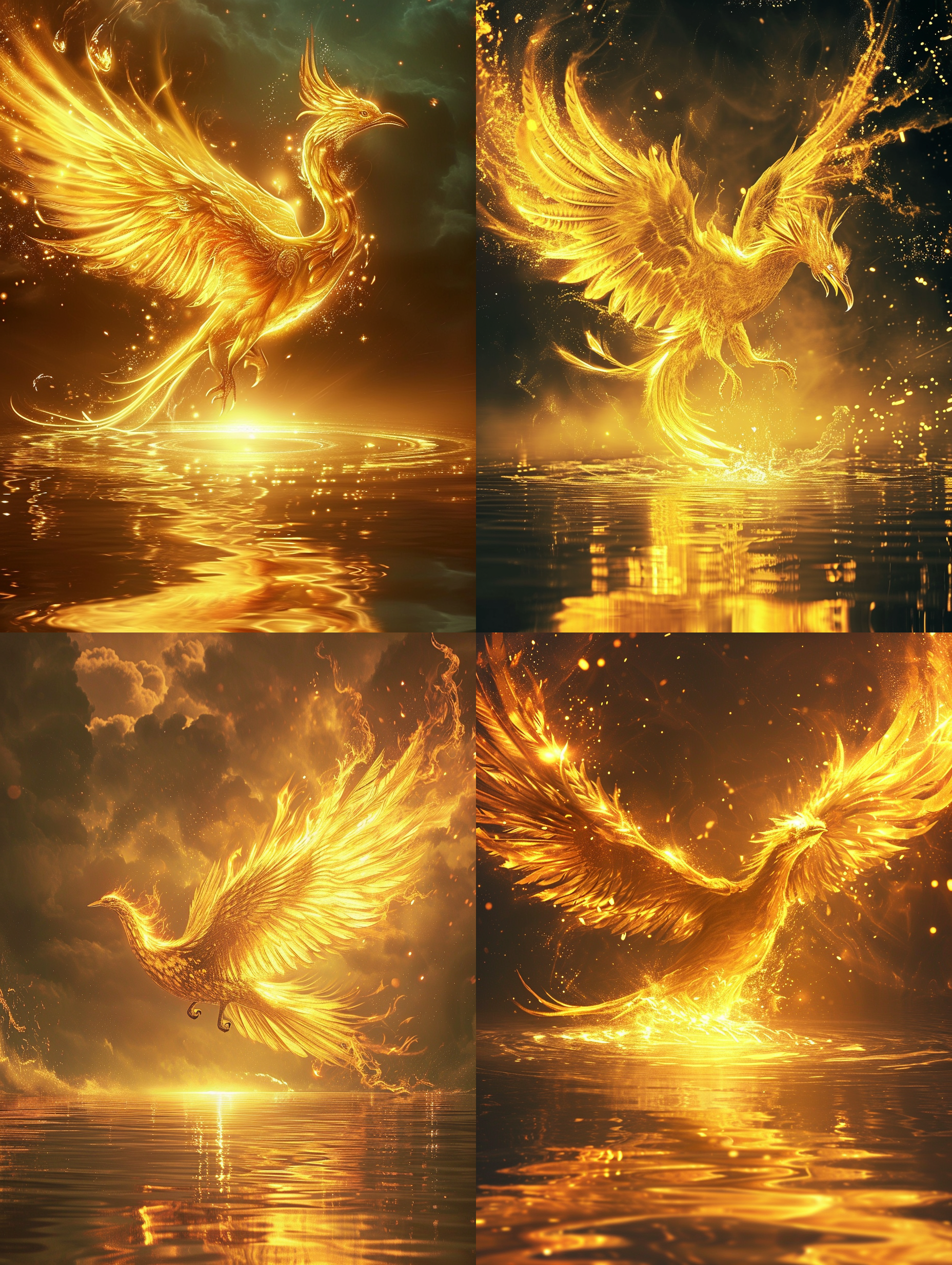金乌，中国神话中的三足神鸟，在图中展翅飞翔。这只乌鸦完全由闪闪发光的黄金制成，散发出强烈的热量，用耀眼的光线照亮周围。它的眼睛凶猛而富有智慧，据说能监视世间事务。它高高飞翔在无尽的天空中，投射出它的倒影在平静的水面上。金乌, 光线明亮，高温辐射，夜空，水面，眼神凶猛，智慧，神秘。