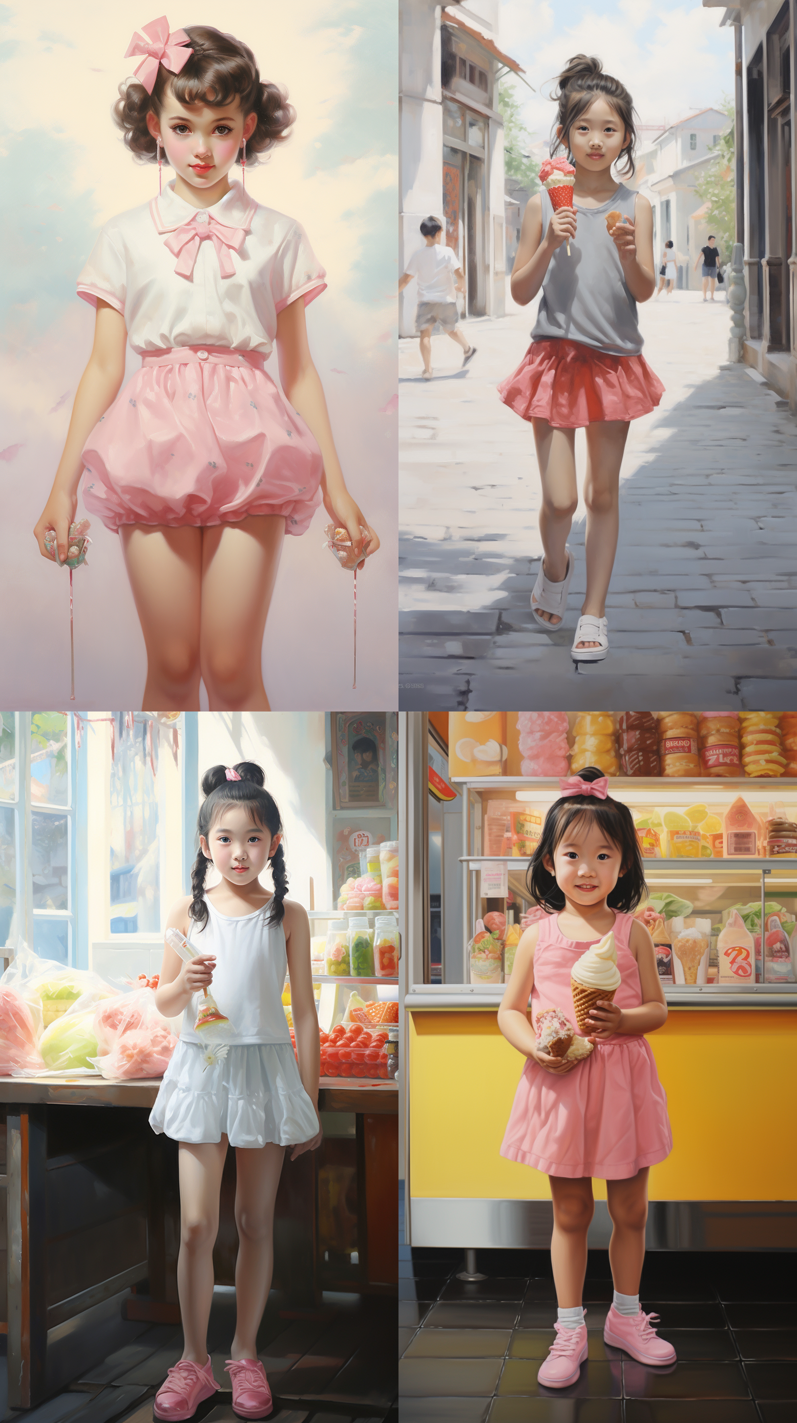 chinese little girl,in summer, a cute four year old pretty girl who eats ice cream has a pair of ponytails, a pink short skirt