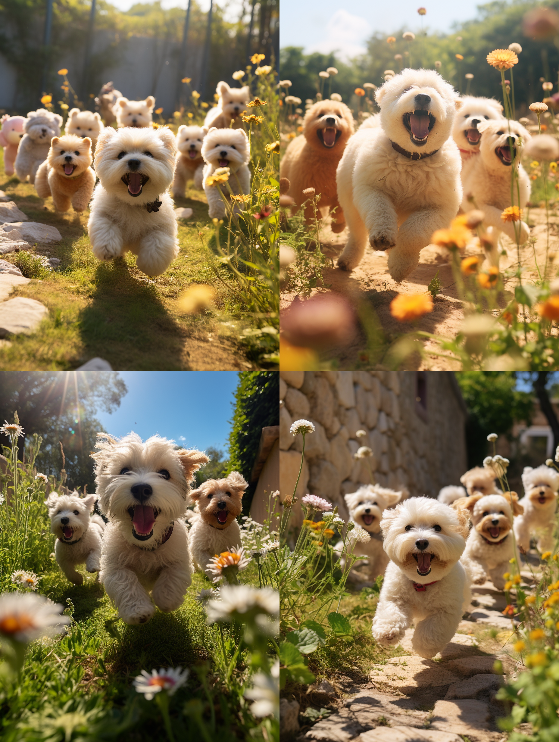 一群可爱的泰迪狗在一处空草地上打闹嘻戏！专业动物摄影，徕卡高端相机专业摄影，中景镜头，全景，周边是公园的花卉绿植 ，长满别墅墙的牵牛花，泰迪呆萌可爱，古灵精怪，可笑，阳光光线，野外真实光线，超写实，现实风格，8k超高清画质