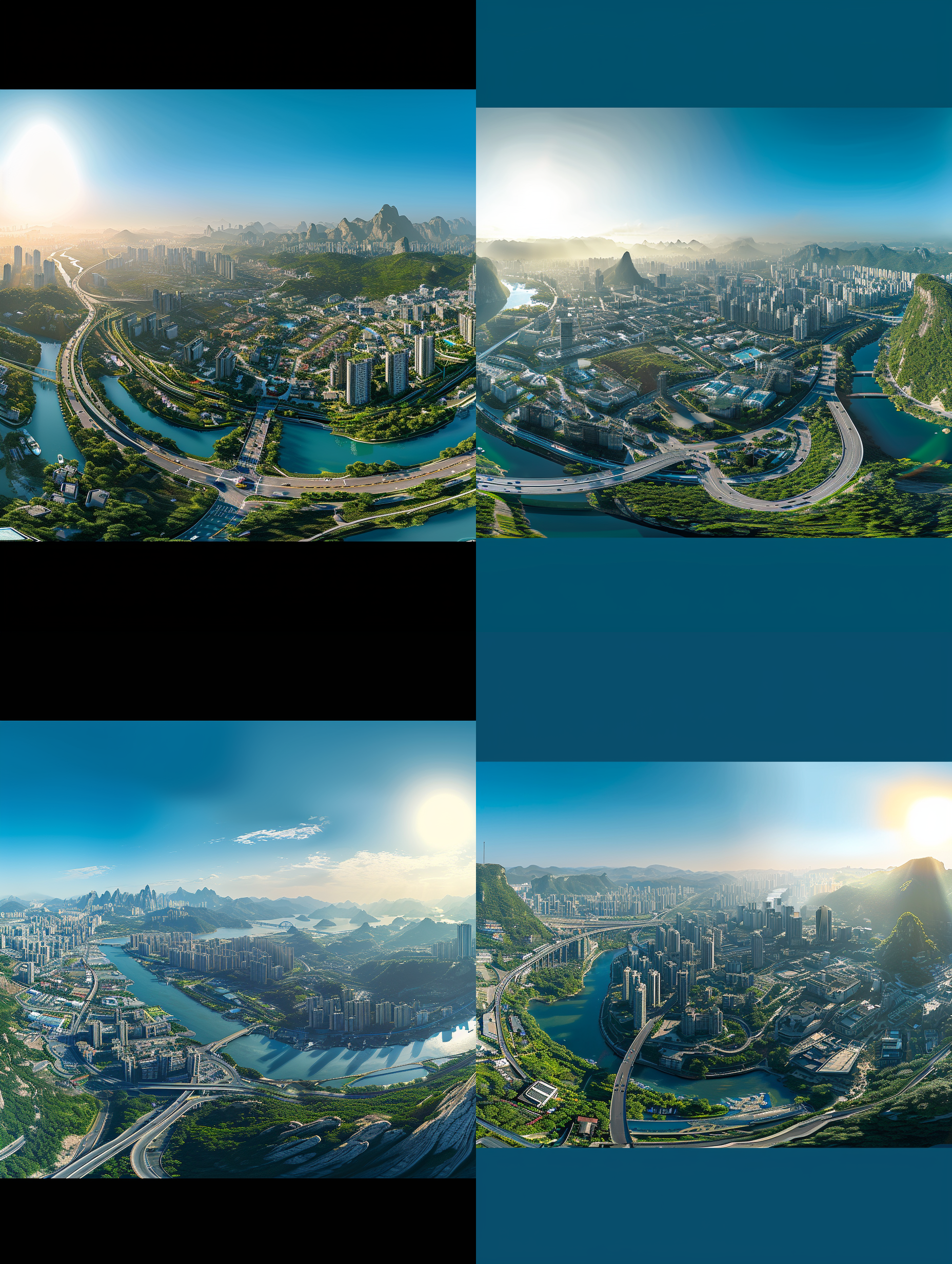 以此参考图生成一个未来感的超级科幻未来城市，河流，山川，群峰，森林，超级高速立交桥系统，科幻感的cbd商业中心，别墅群，科科感的主题公园，徕卡专业航拍全景摄影，2：1的高空航拍720度全景，场景宏大壮观，8k超高清画质，色彩层次丰富，细节丰富，