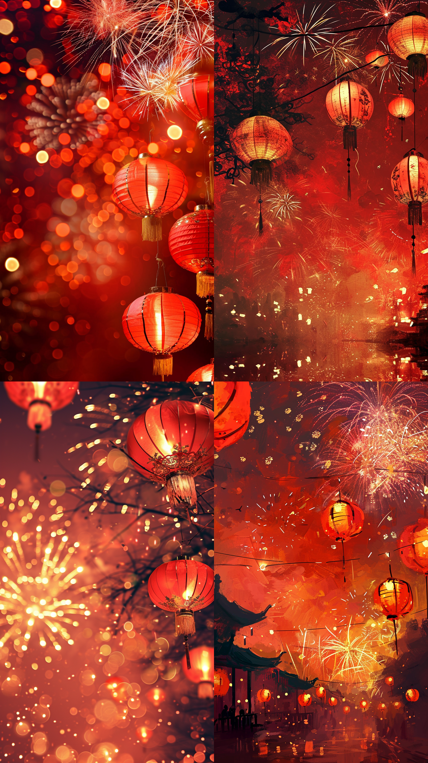 庆贺新年 红色背景 漫天的烟花 灯笼 洋溢着喜气洋洋的新年氛围