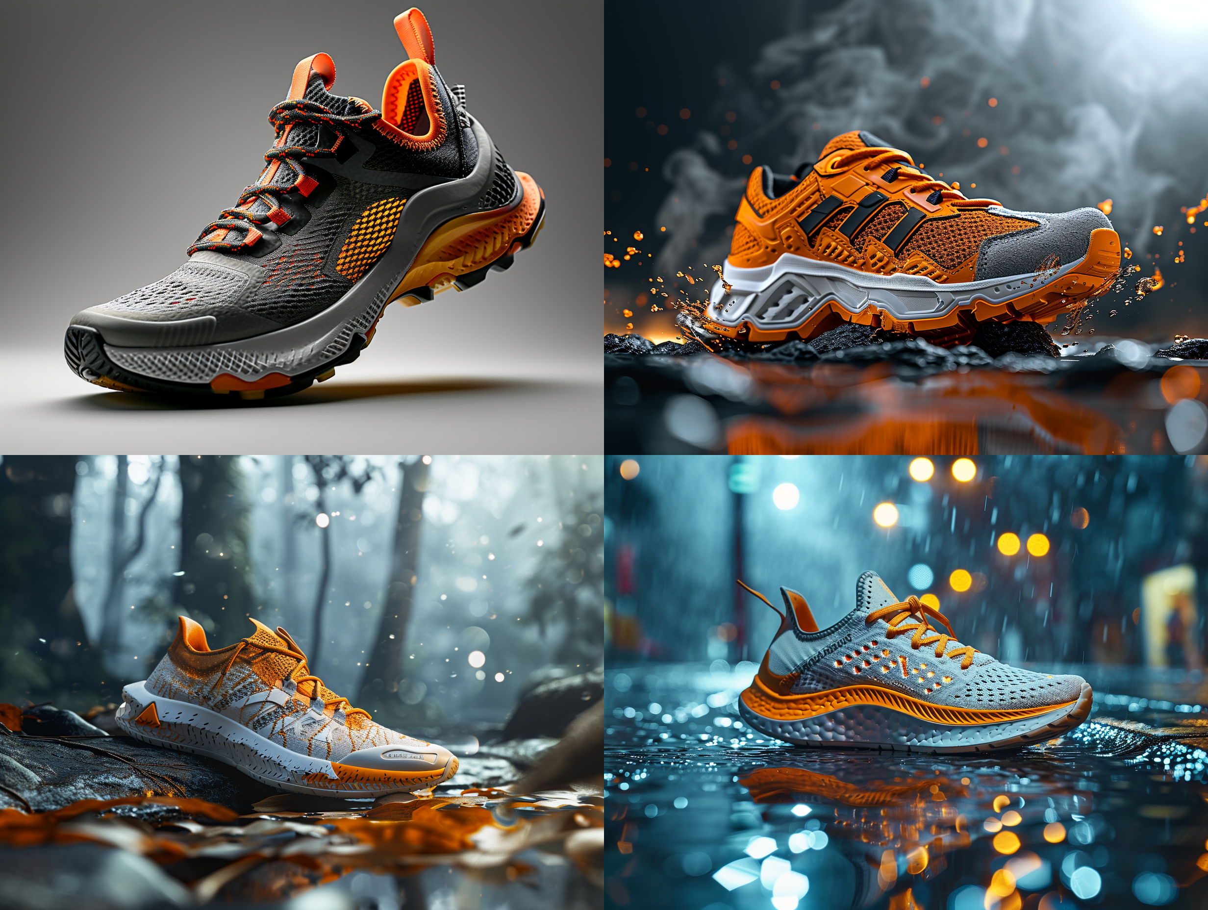 生成一款高端5.0智能运动跑鞋，白金与金桔色搭配，徕卡专业产品摄影，8k超高清画质，专业产品摄影棚环境，专业产品摄影灯光，生成可分层处理的psd格式，色彩饱和，细节层次丰富
