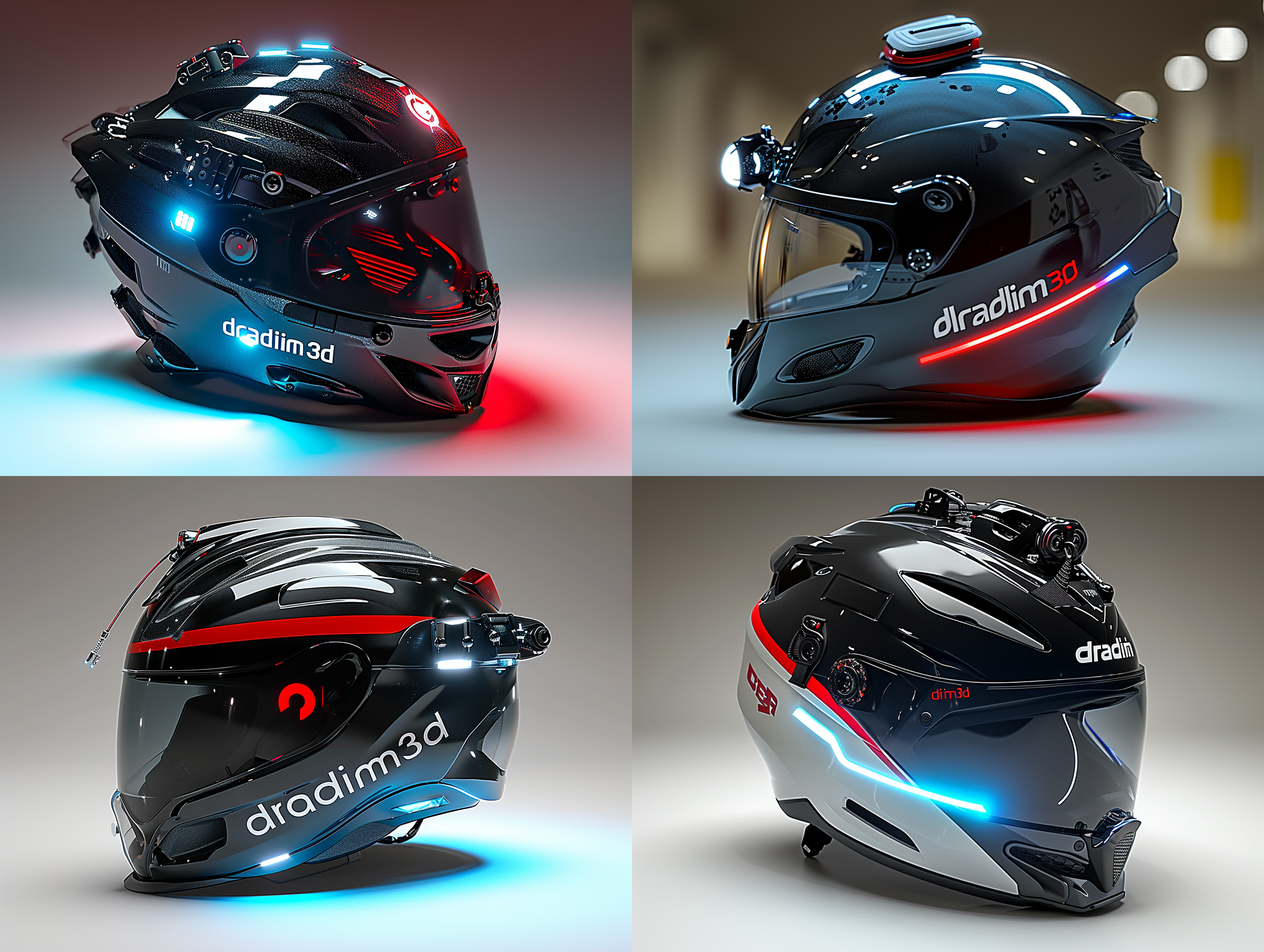 生成一款高端智能骑行头盔，满满的科技感，和科幻感，带有ar空气智能投影运动影像和数据的功能，头盔前方投射的ar运动影像和数据，并能与智能运动手表进行数据传送显示，用于显示，感应测量记录运动数据，头盔前部醒目的“dradim3d"商标字样，头盔为黑，红，蓝三色搭配，十足的高端头盔材质，前卫概念设计，符合人体工学和科技美学，徕卡专业产品摄影，8k超高清画质，专业产品摄影棚环境，专业产品摄影灯光，生成可分层处理的psd格式，色彩饱和，细节层次丰富 
