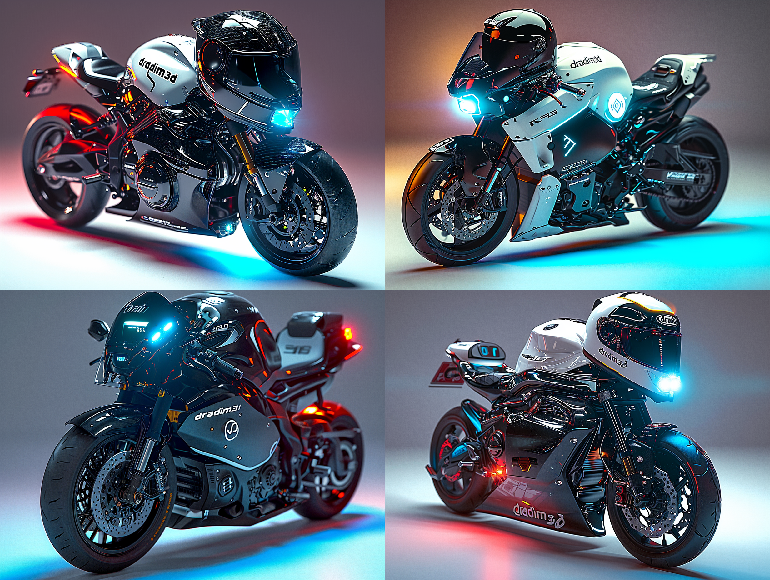 一位美女职业骑手骑着具有极具科技感和未来感的电动摩托飞驰在未来感的超级大城市的街道上，戴着有科技感和科幻感的ar智能头盔，头部前面呈现智能投影的导航画面和数据图，要有摩托和头盔上有"dradim3d"logo标志，8k超高清画质，画面极具运动感，画面色彩丰富，科技感强烈，科技美学