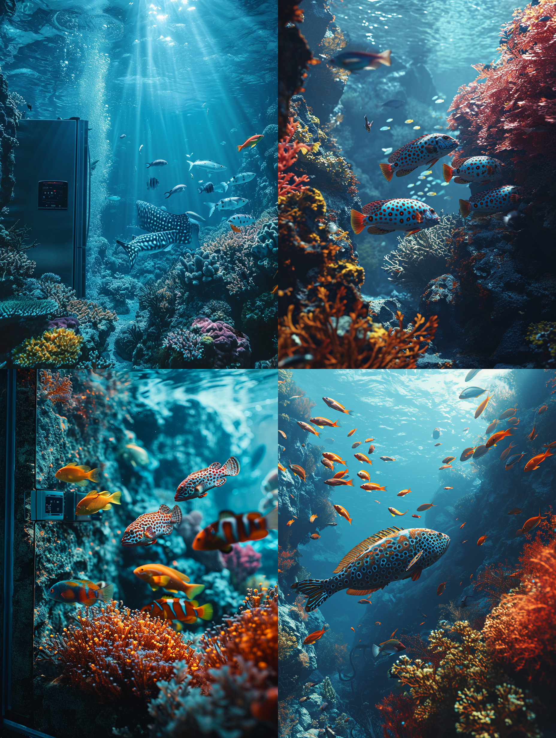 在海底，一大群六颜六色的大斑条鱼在珊瑚间游动，一个巨大的数字科技特征的超大冰箱，冰箱门已经打开，冰箱门上部有一把数字锁，鱼游进了冰箱 里，有很多鱼在游动，冰箱壳体以产品结构线的形式呈现，冰箱内呈现海底彩色珊瑚礁，海草，，整体画面呈现一种海洋科技蓝的主色调，体现海产品数字 科技保鲜的感觉，顶级的海底摄影效果和画质 ，科技美学，色彩层次丰富，画面细节丰富，体现数字科技与海产品保鲜的应用的特征。