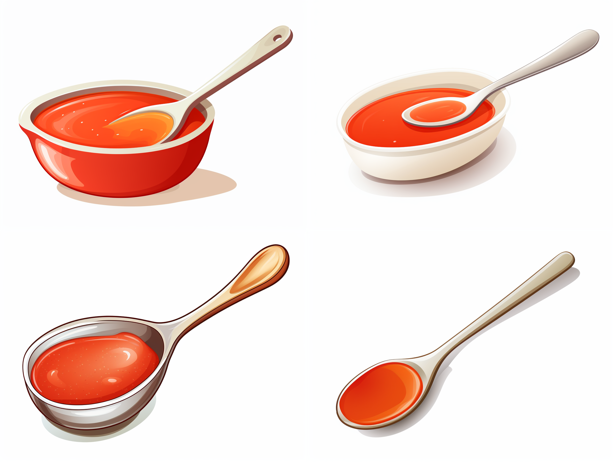 汤勺子流着酱汁，矢量图形，配色简单，白色背景，等构。