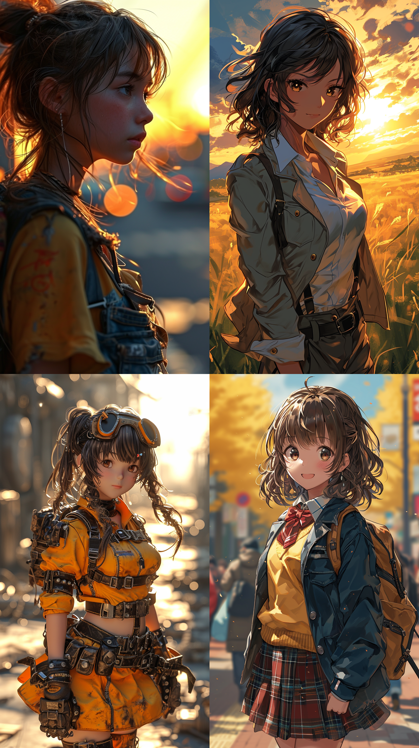 日系风格，超详细，8k高清，最佳质量，1个女孩，单身，韩国人，完美比例的身体，美丽的模特女孩，微张的嘴唇，双臂伸展，长发，棕色头发，靴子，jk 制服裙子，淡黄色的上衣，暖色调，斑马线日落，中特写，背景虚化 