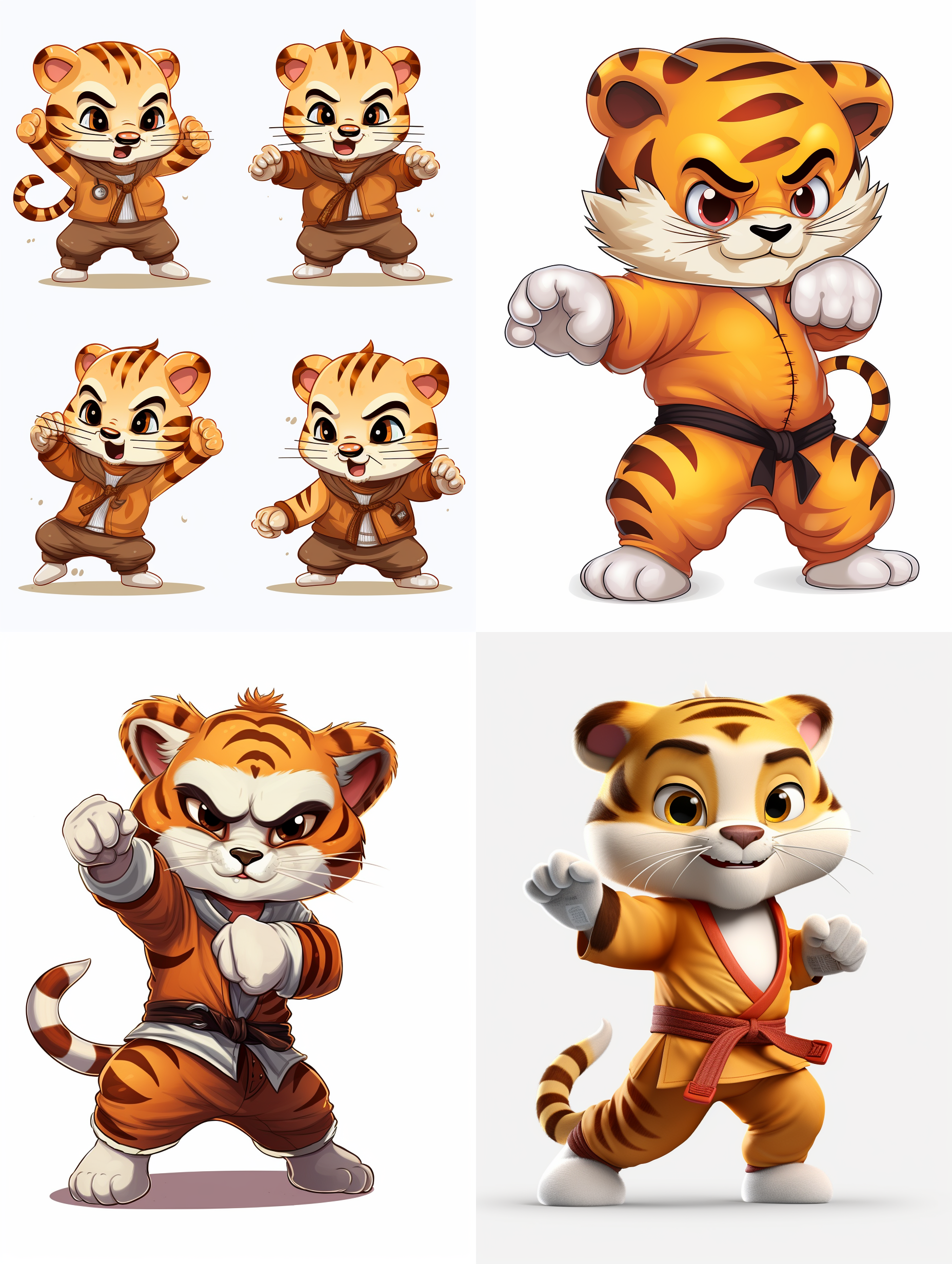 一只卡通功夫老虎在打拳，表情可爱，4个动作不同，以列阵的方式进行gif动画，白色背景， 动画艺术