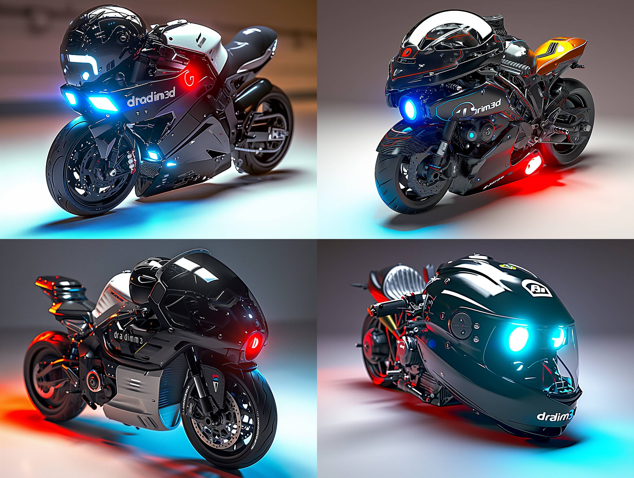 设计一款具有极具科技感和未来感的电动摩托，配套头盔，要有"dradim3d"logo标志，