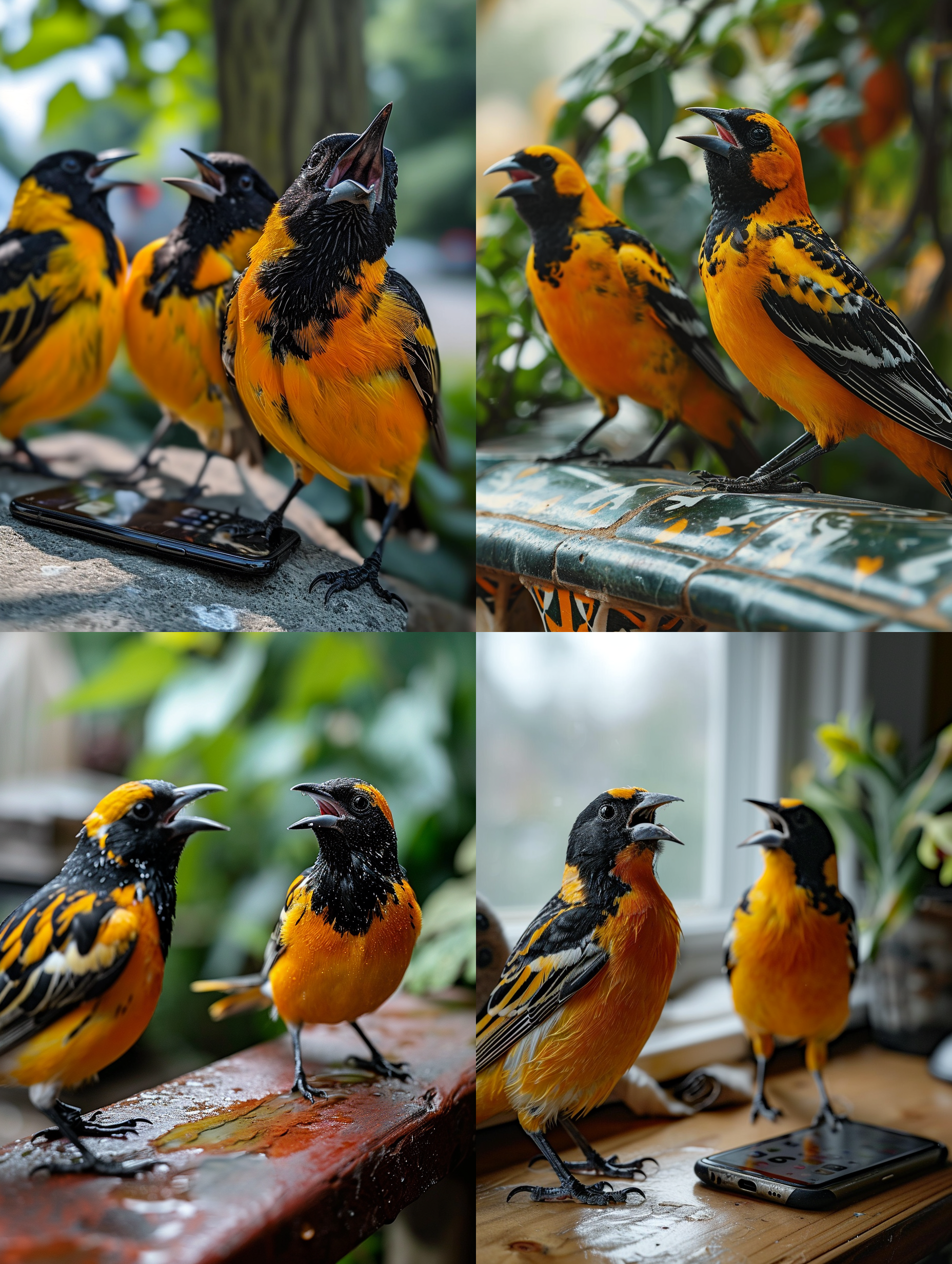 立在桌子上的华为mate手机，屏幕里另一只黄鹂鸟伸着头，屏幕外，另一只黄鹂鸟在对着手机屏幕里的另一只黄鹂鸟张嘴说话，近镜头表现，感觉象恋爱约会，顶级画质，徕卡动物专业摄影 超写实，