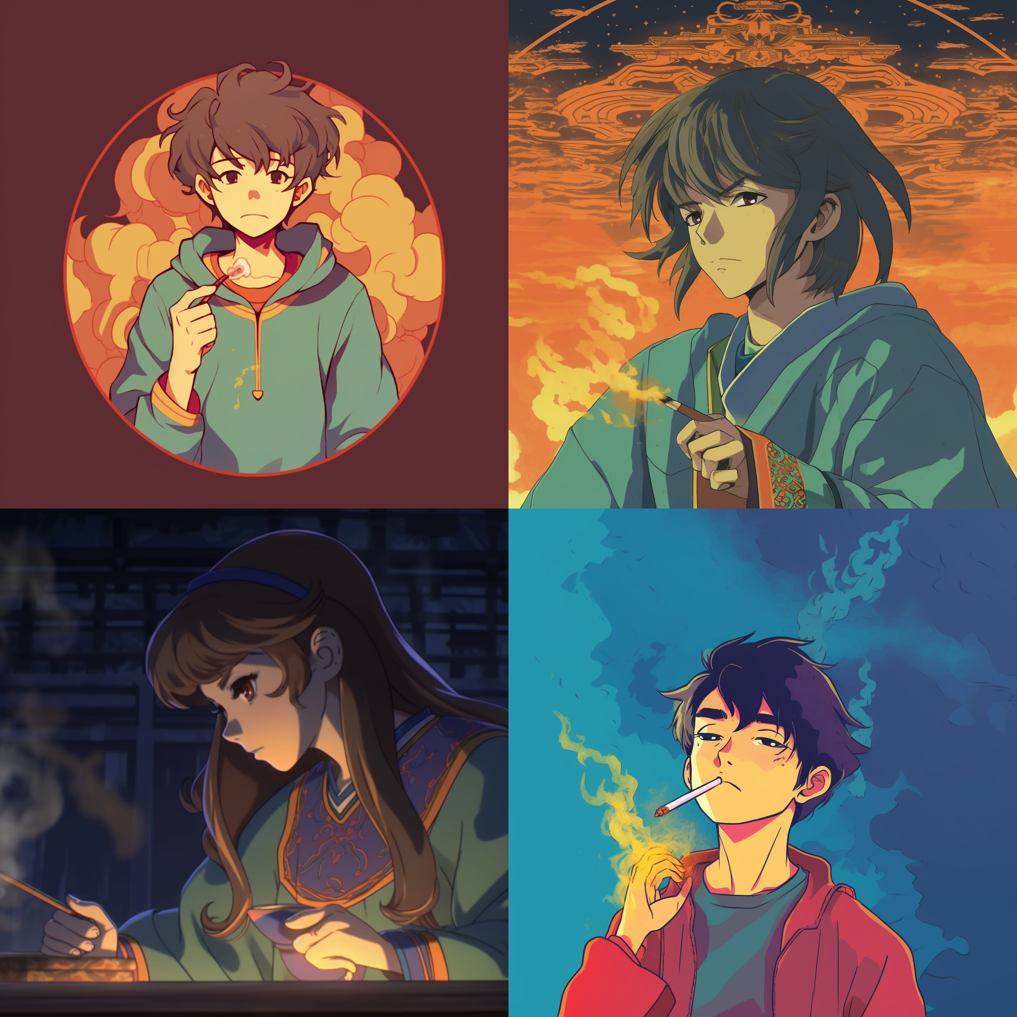 动漫简笔画风格，多色，背景纯色，右下角有一个甪端香炉吐出香烟，香烟向画面中央飘去形成一个对话框 