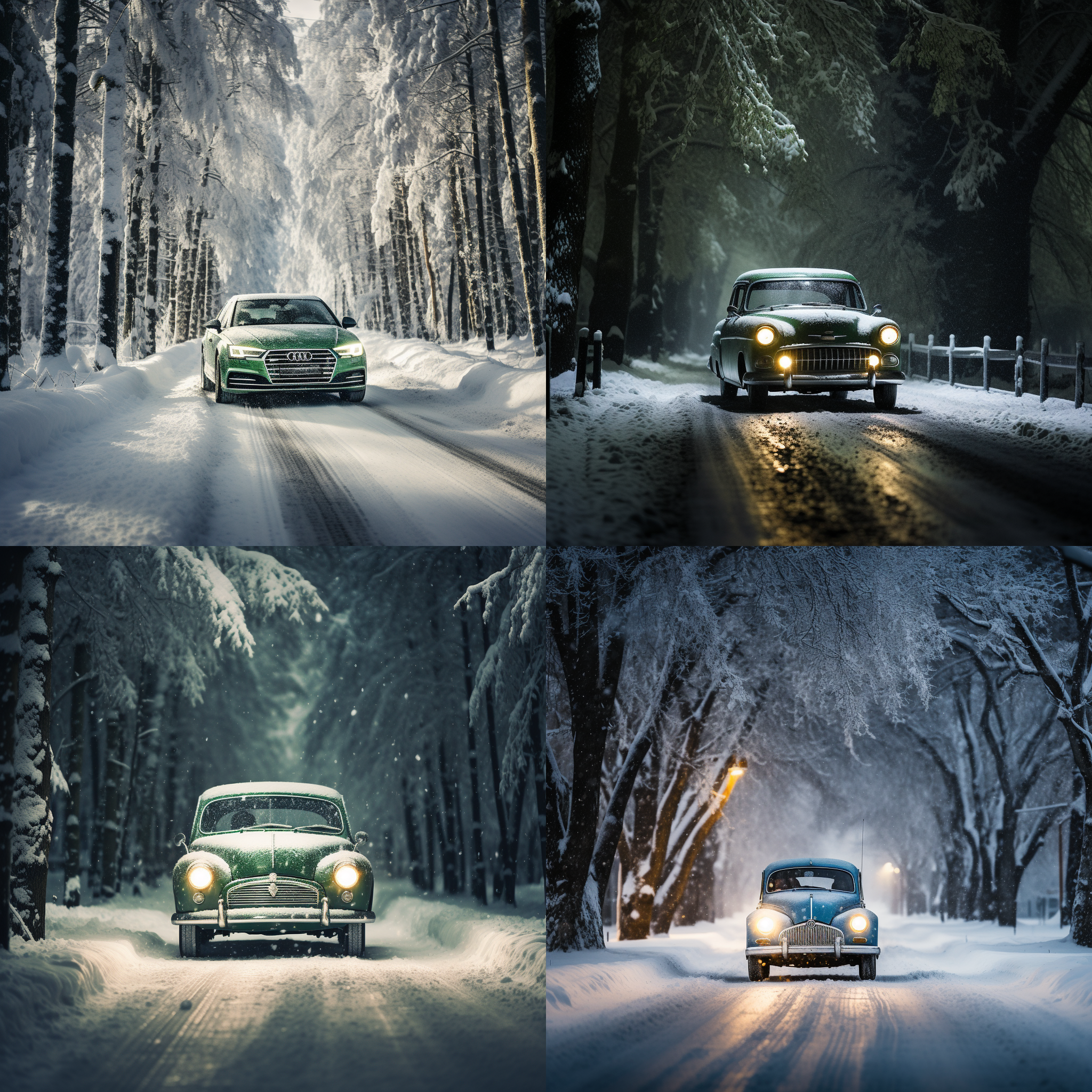 汽车驶过雪地，大树掩映其中。光线柔和，呈现出治愈的氛围。使用广角镜头拍摄，突出汽车的动感。雪花飞舞，增添了浪漫气息。白色的雪地与绿色的大树形成鲜明对比，给人带来宁静与舒适的感觉。