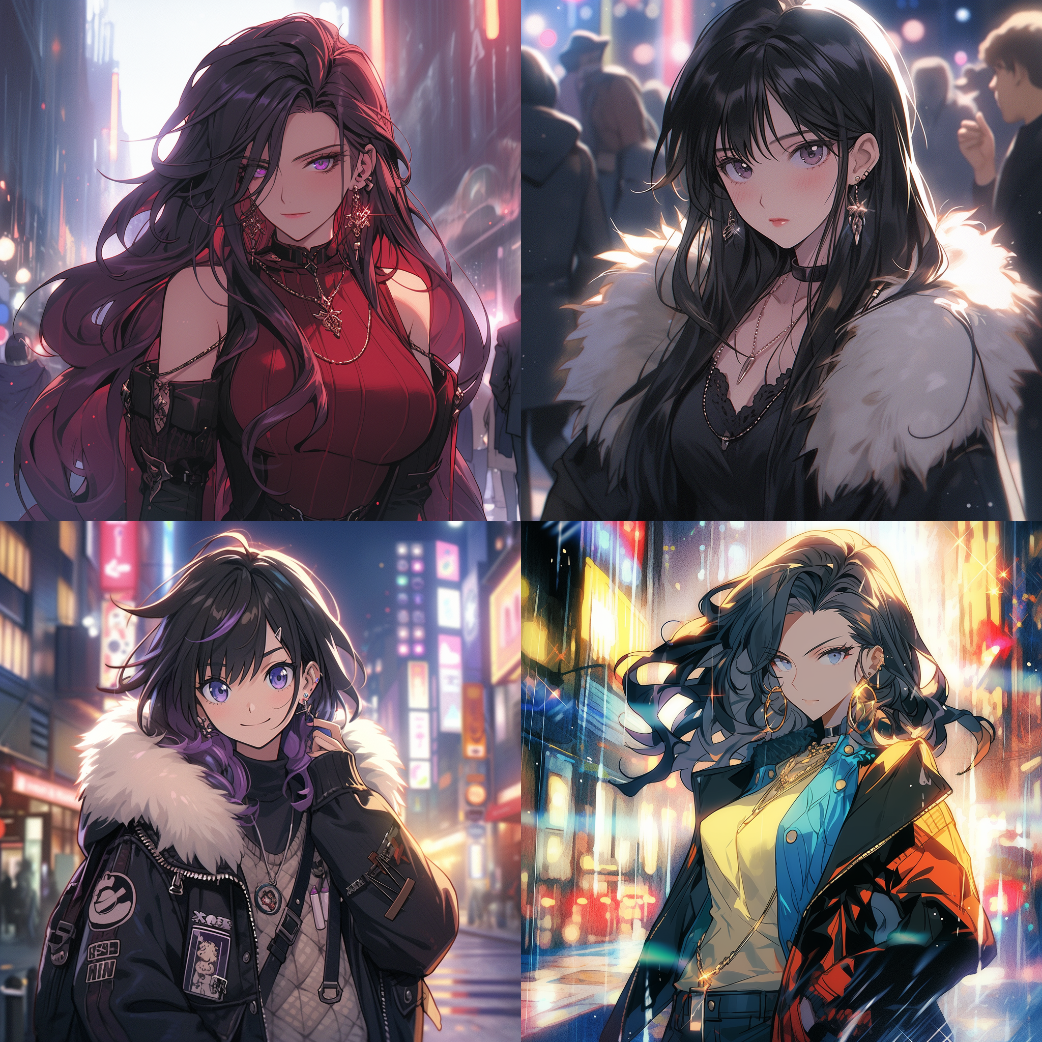 动漫风，艳大方的少女，站在城市霓虹灯下，背景是高楼大厦。她穿着时尚的衣服，戴着夸张的耳环，自信地微笑着。照片使用广角镜头，捕捉到她的活力和青春。色彩鲜艳，对比强烈，充满了动感和活力，让人感受到她的魅力和自信。 海报风格 宣传海报